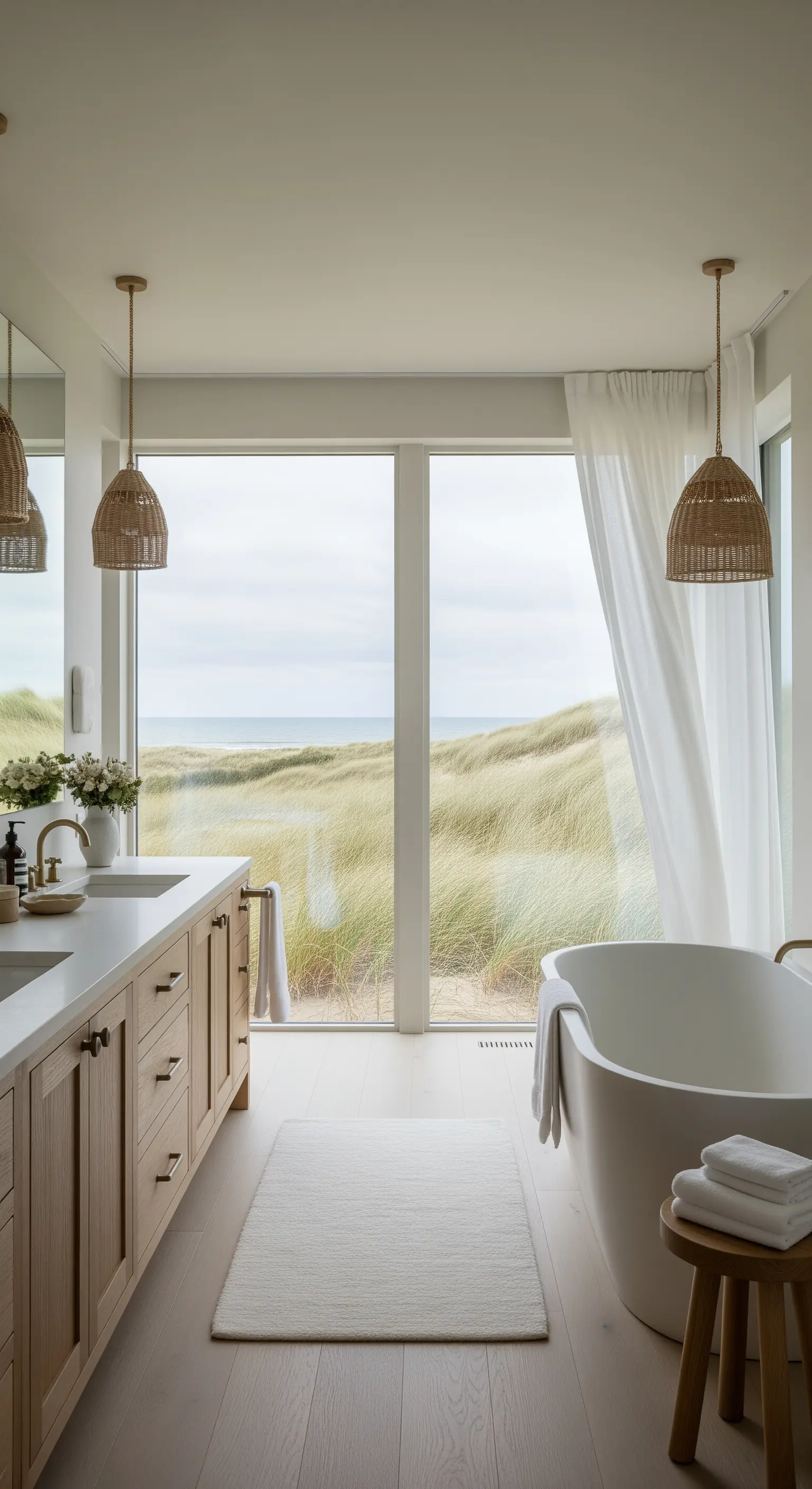 Helles, minimalistisches Bad mit Blick auf Dünen und Meer