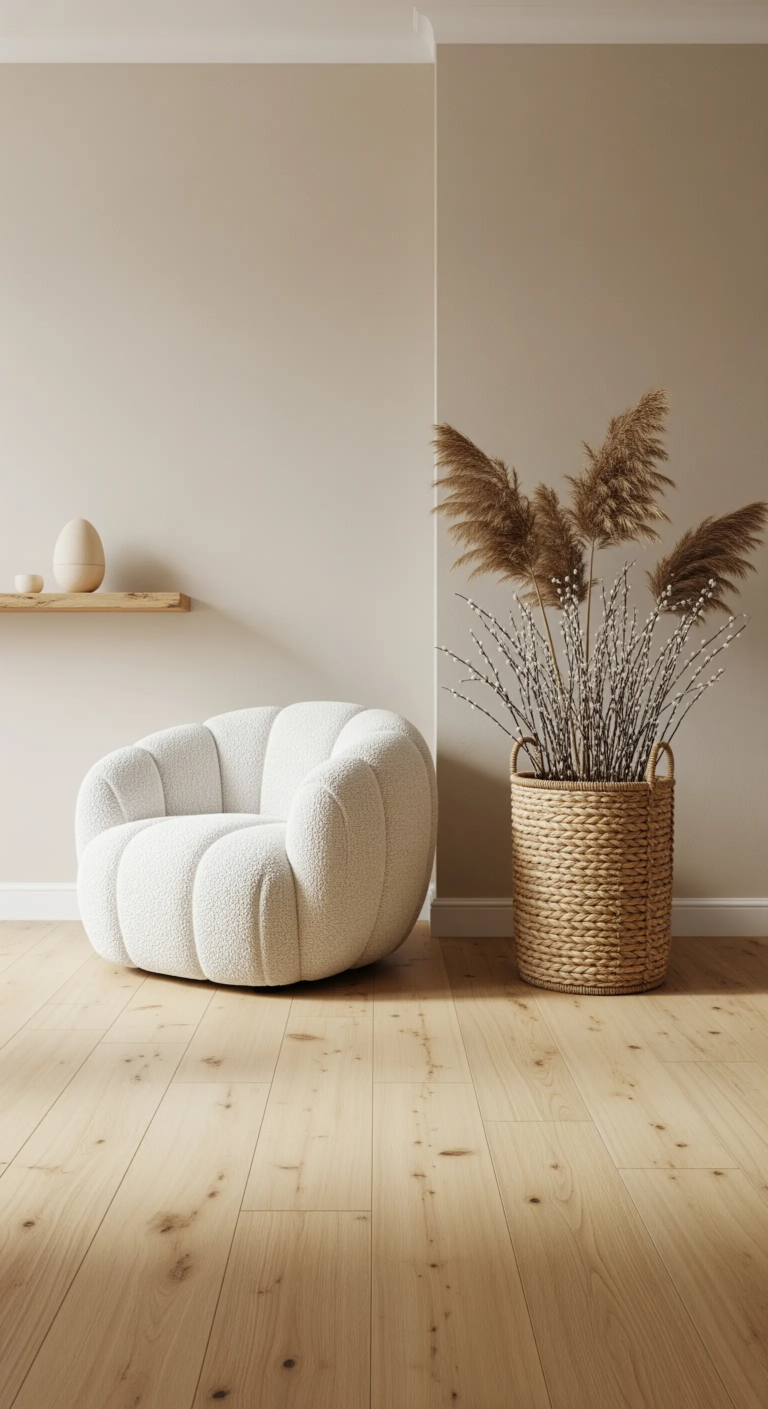 Bouclé-Sessel mit Korb voller Weidenkätzchen