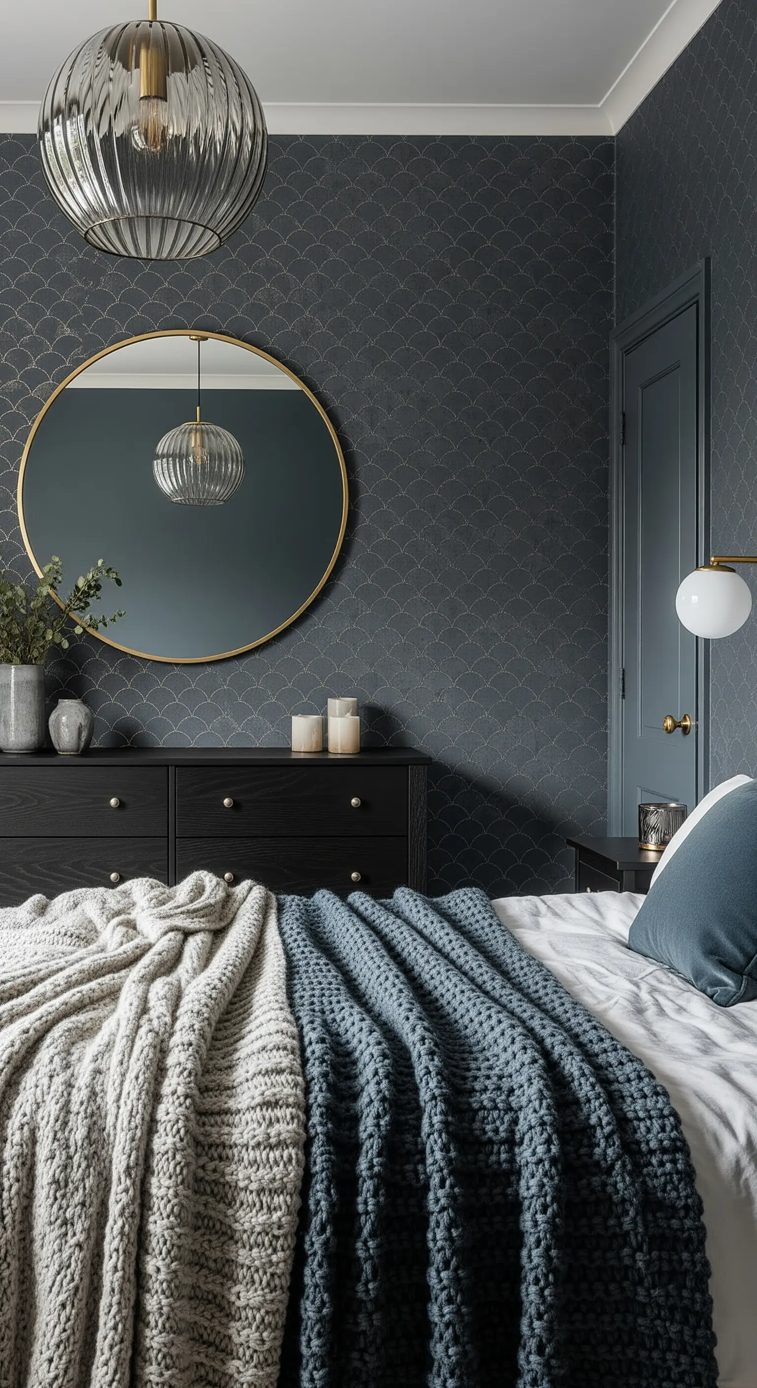 Graue Tapete mit Fischschuppenmuster und runder Spiegel