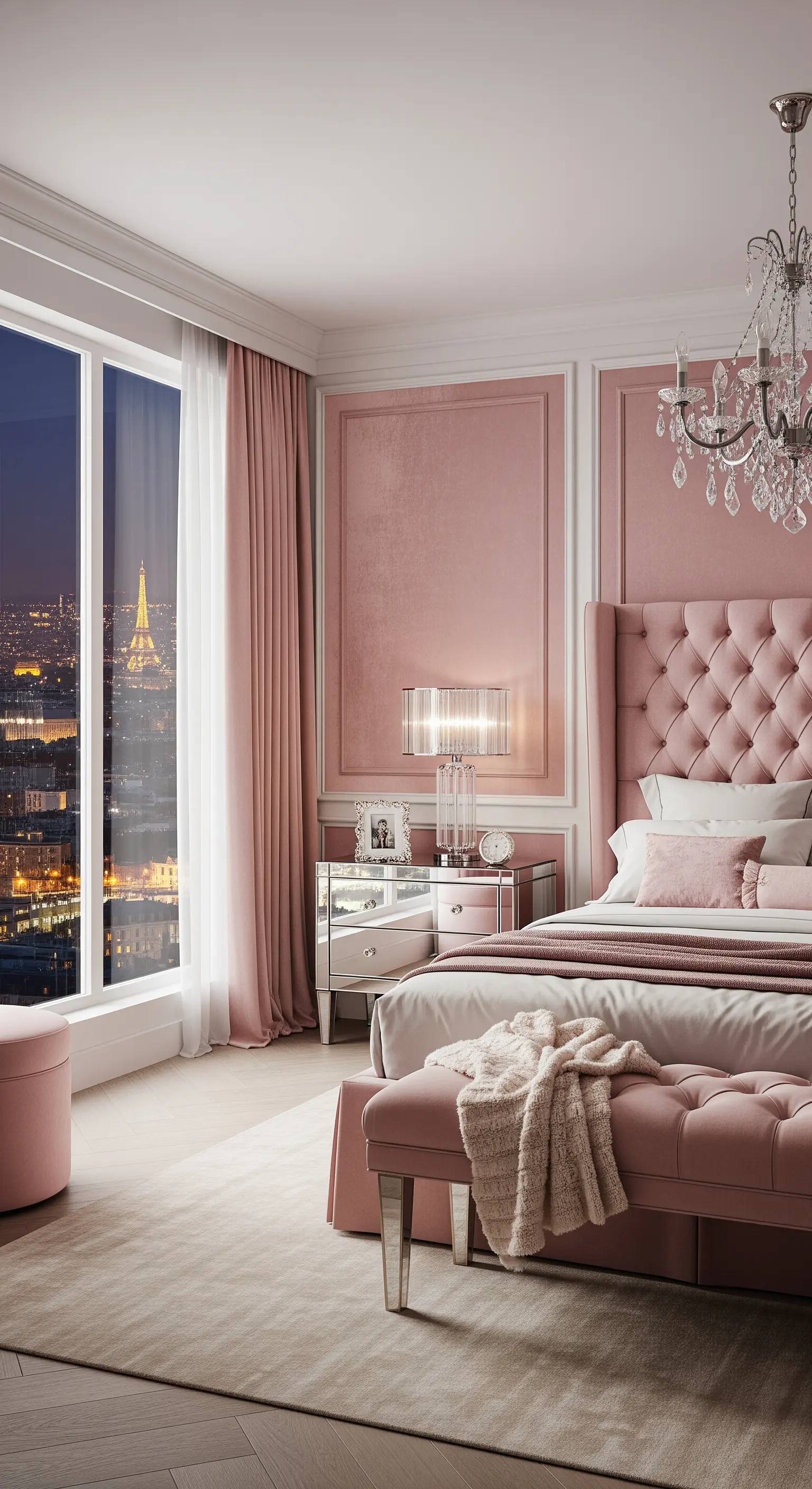 Romantisches Schlafzimmer in Altrosa mit Kristalllüster und Paris-Ausblick
