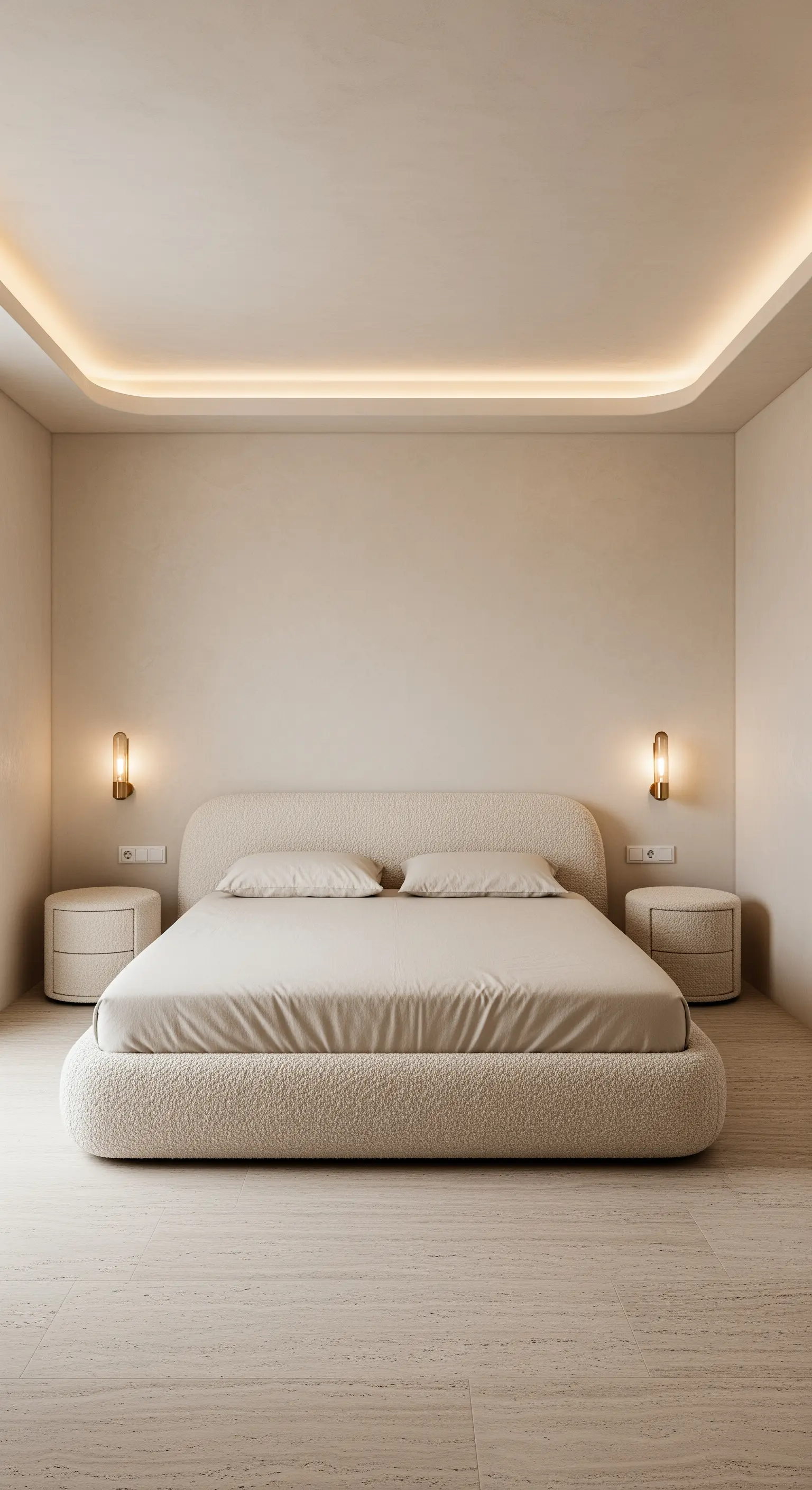 Beiges Schlafzimmer mit Boucle-Bett und Lichtvoute