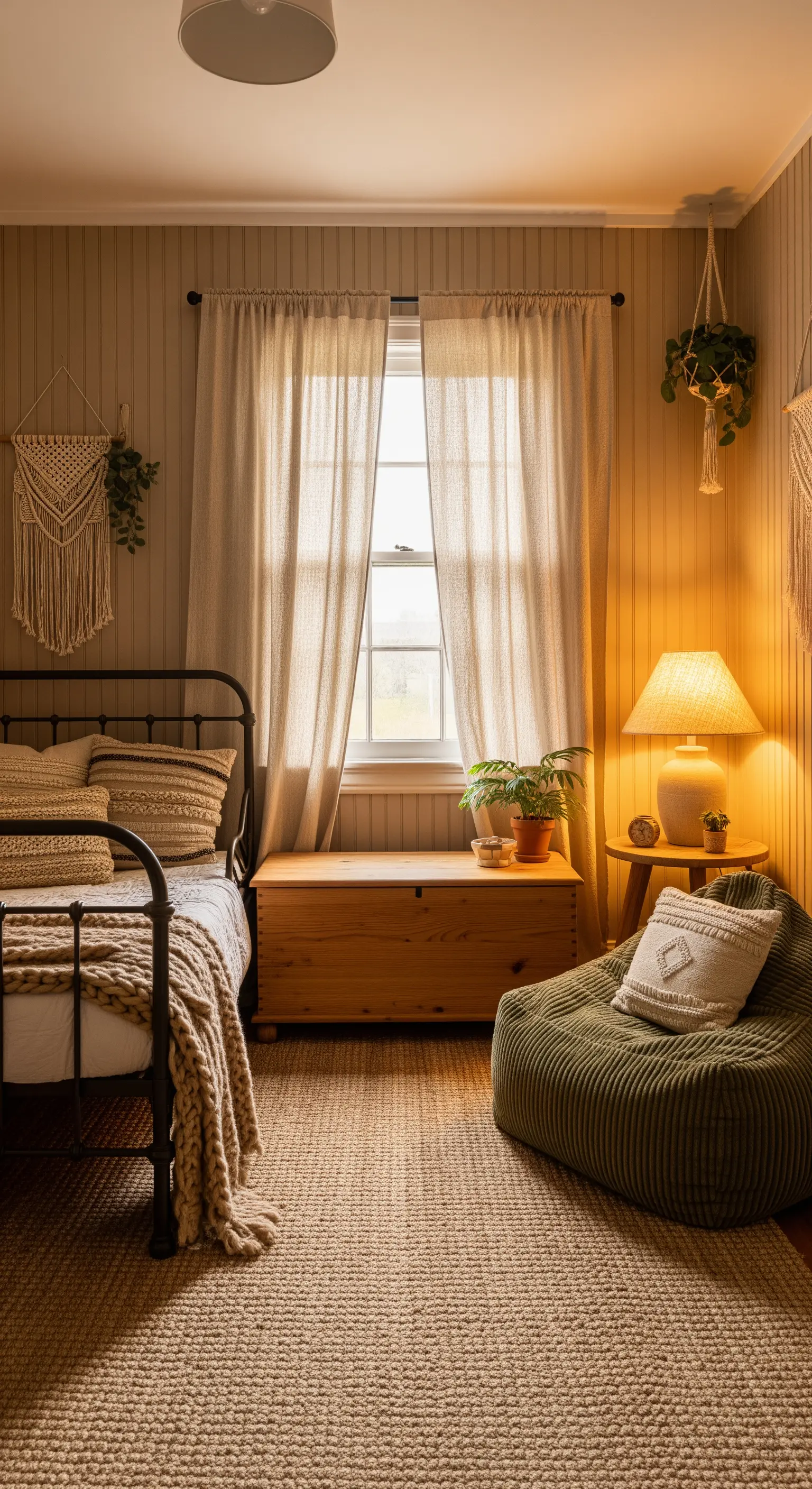 Beige Vorhänge, Holztruhe und gemütlicher Sitzsack