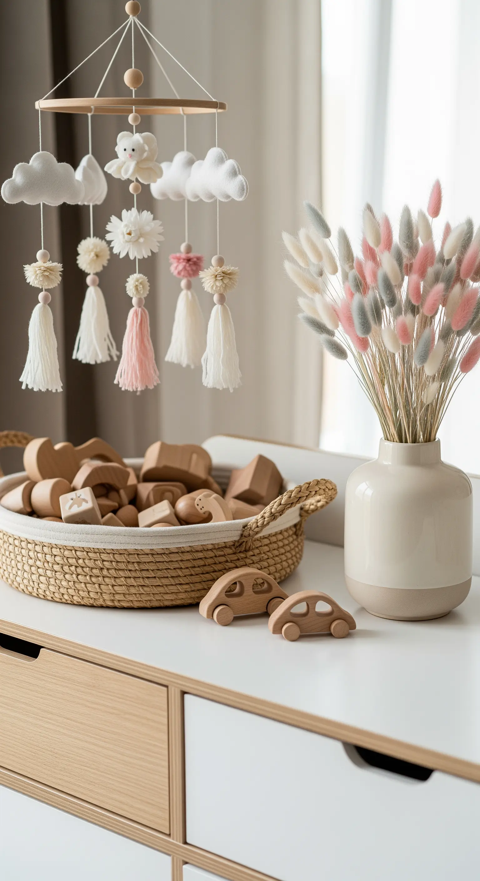 Baby-Mobile aus Wolken und Quasten neben Vase mit Lagurus
