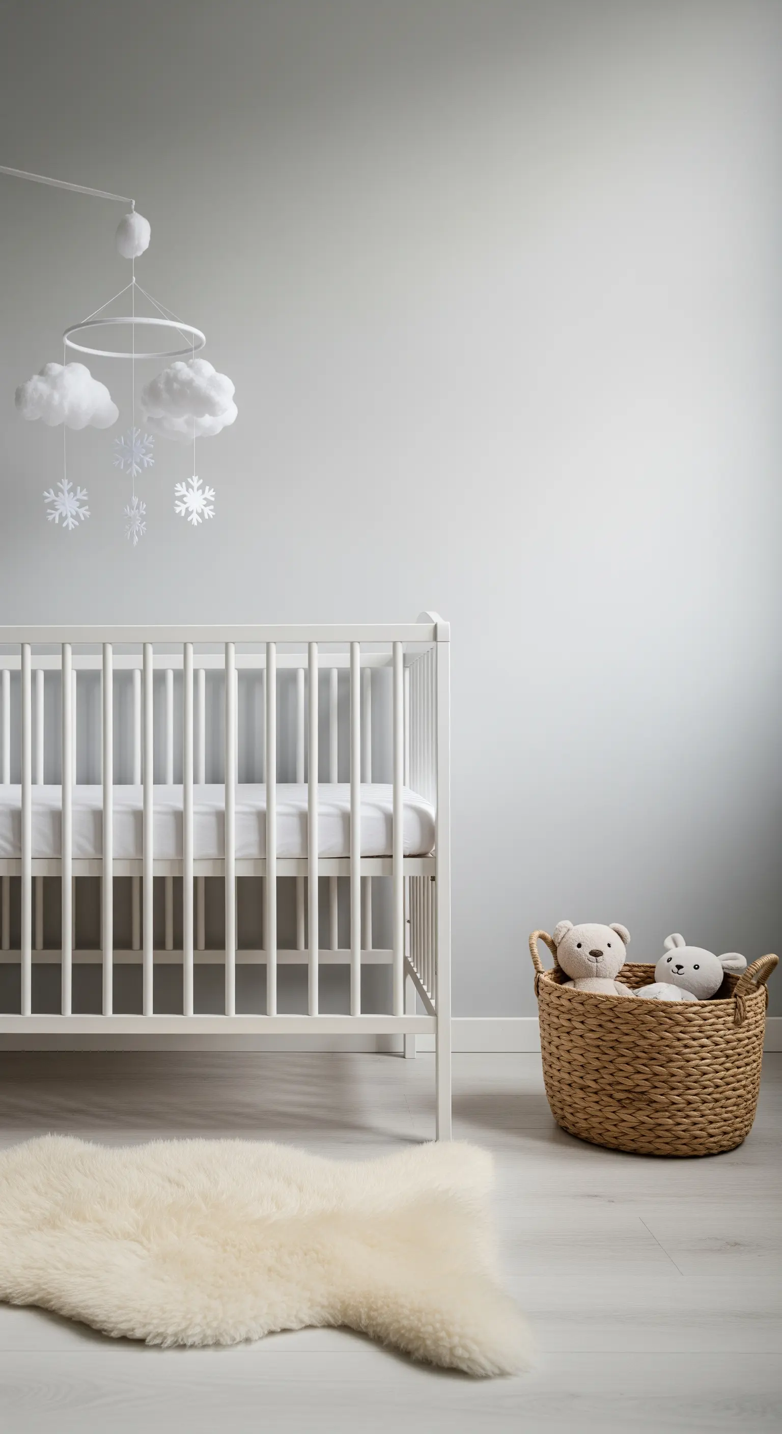 Minimalistisches Mobile im Kinderzimmer mit weißen Wolken und kleinen Schneeflocken.