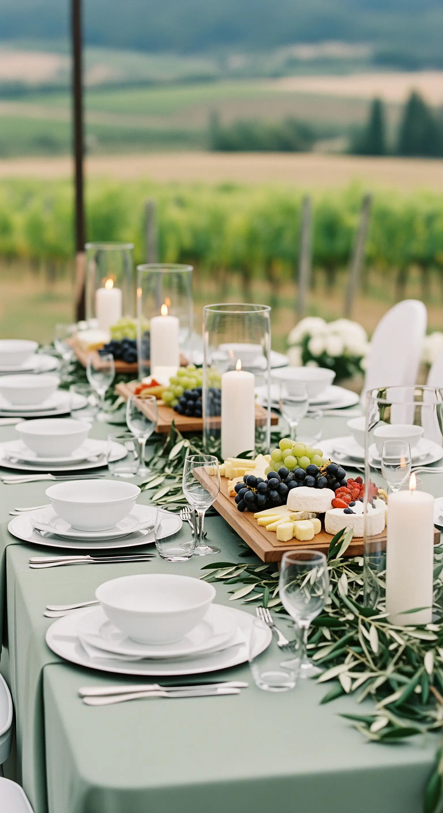 Tischdeko in Salbeigrün mit Kerzen und Blick auf Weinberge
