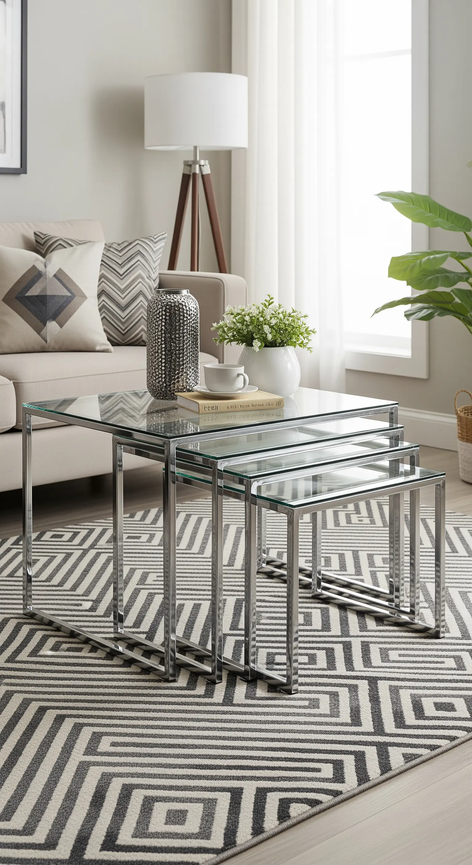 Ineinander schiebbare Glastische auf gemustertem Teppich