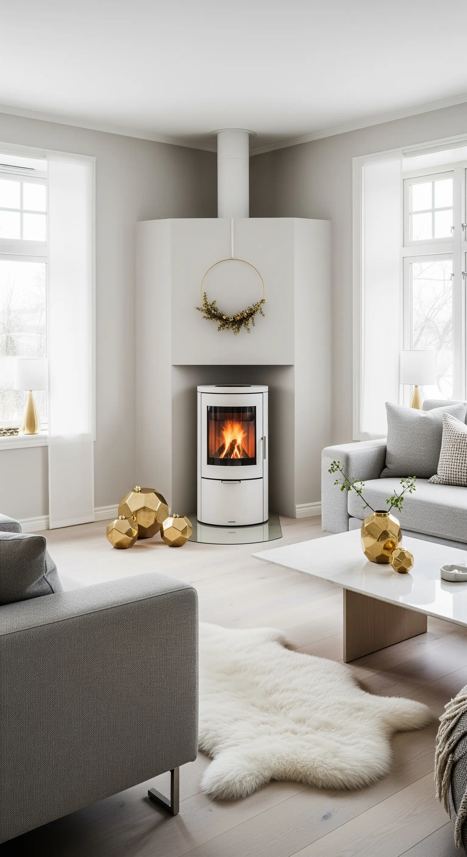 Weißer Eckkamin mit schlichtem goldenen Reifen-Kranz und geometrischen Bodenobjekten.
