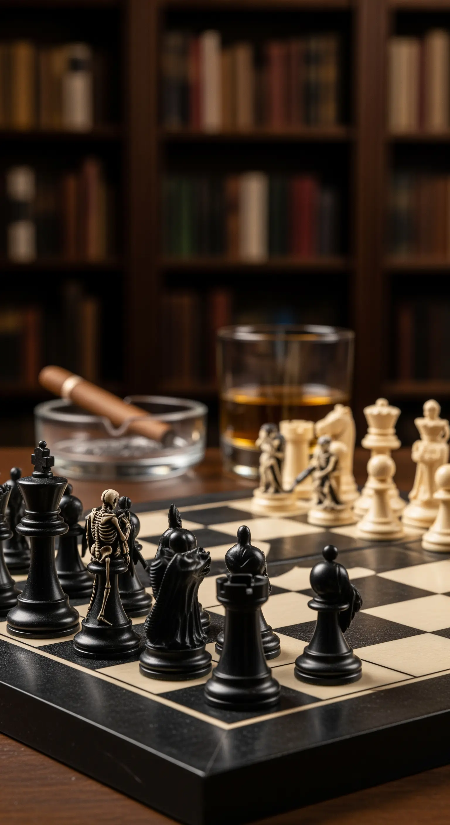 Schachbrett mit Skelett-Figur