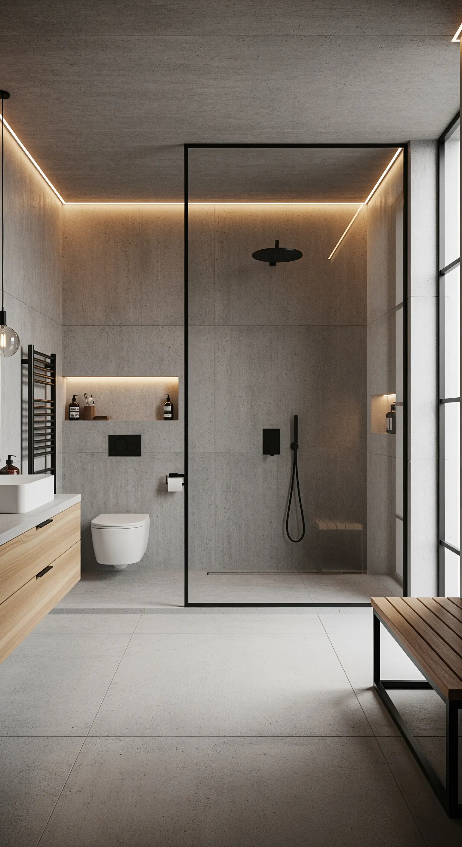 Graues Betonbadezimmer mit umlaufender LED-Schattenfuge an der Decke