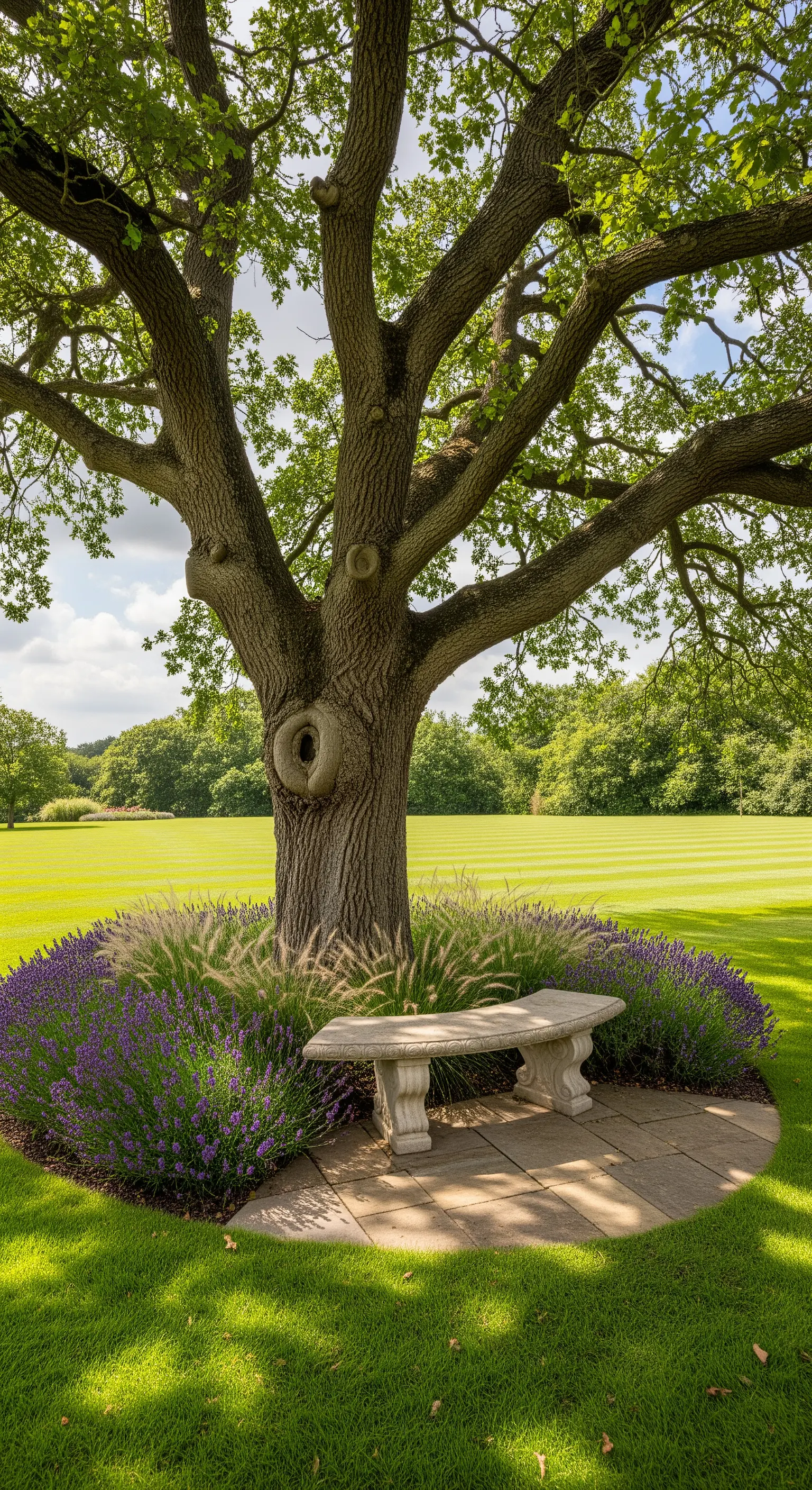 Steinbank unter großem Baum, umgeben von Lavendel und Gräsern