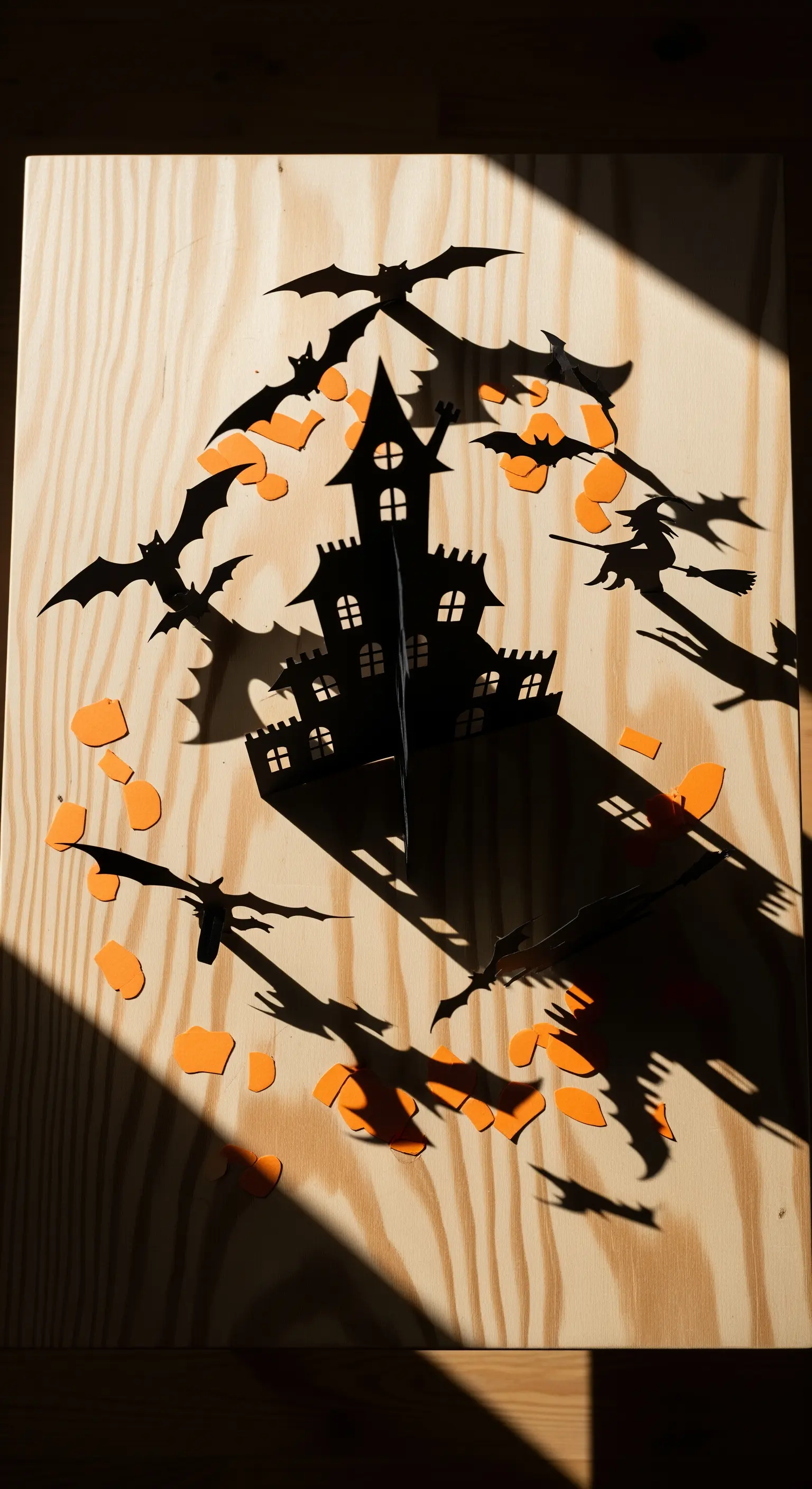 Schwarzes Scherenschnitt-Spukhaus und Hexen auf Holztisch