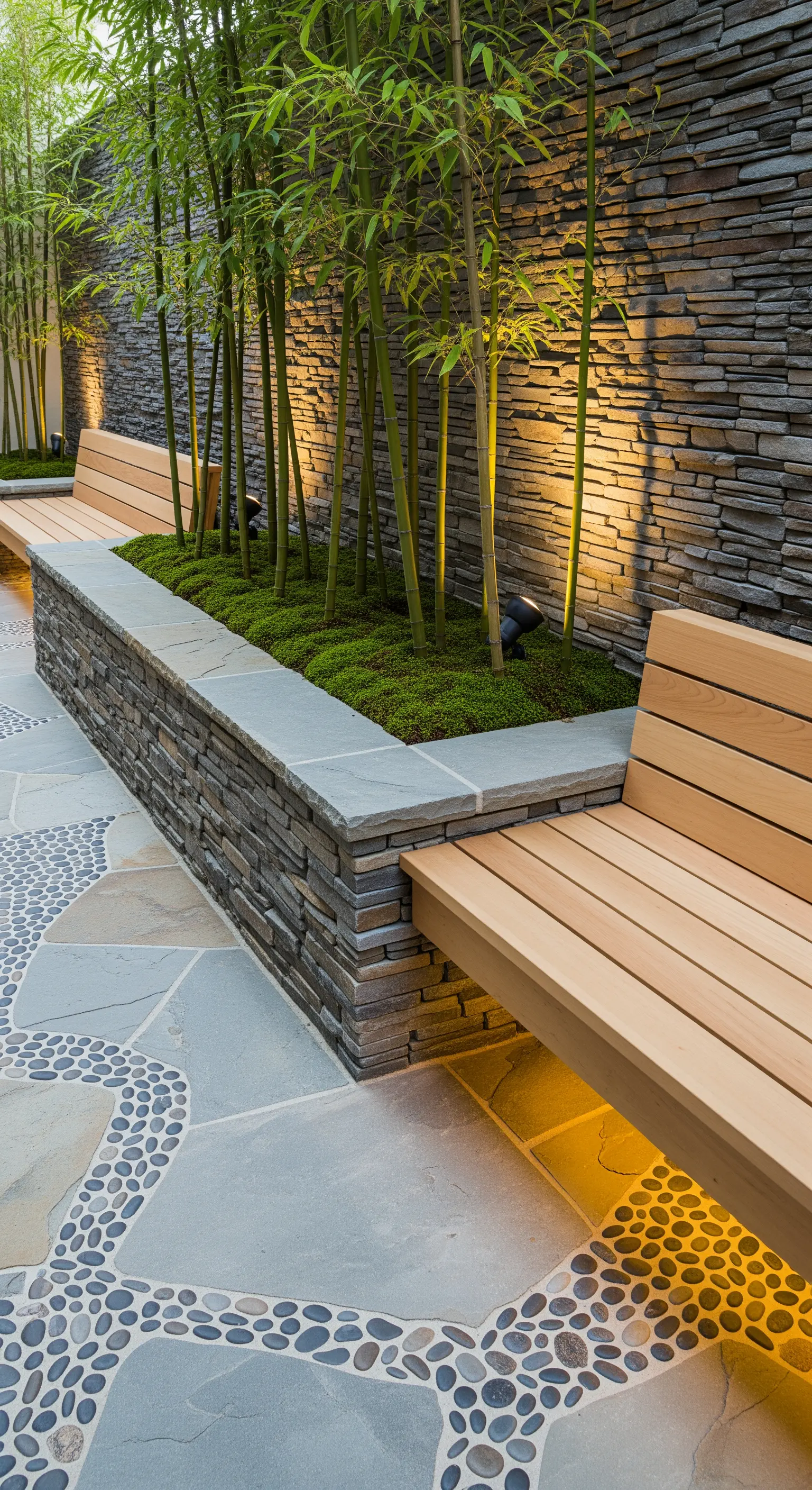 Beleuchteter Bambus vor Steinwand mit integrierter Holzbank