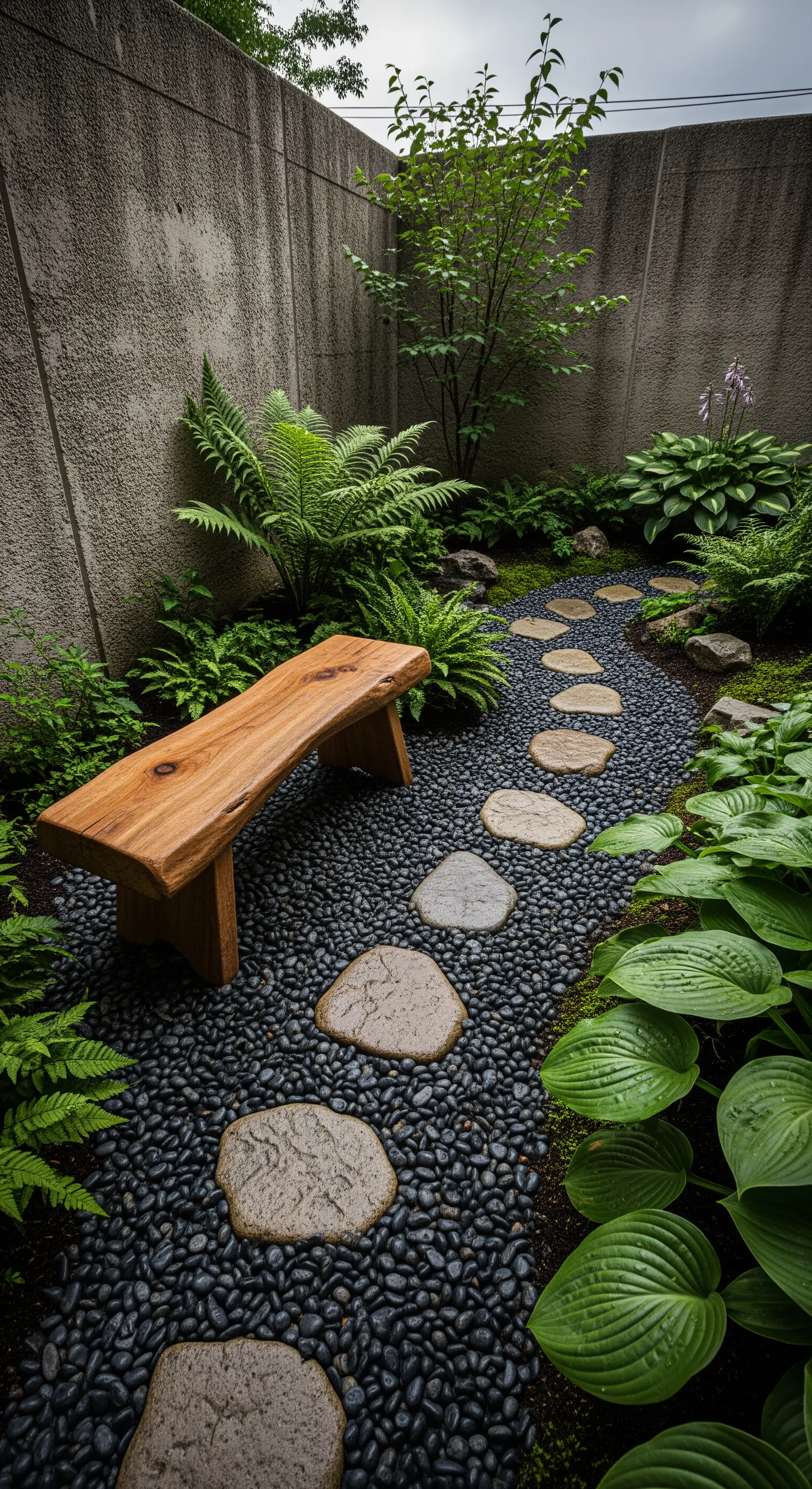 Rustikale Holzbank inmitten von Farnen