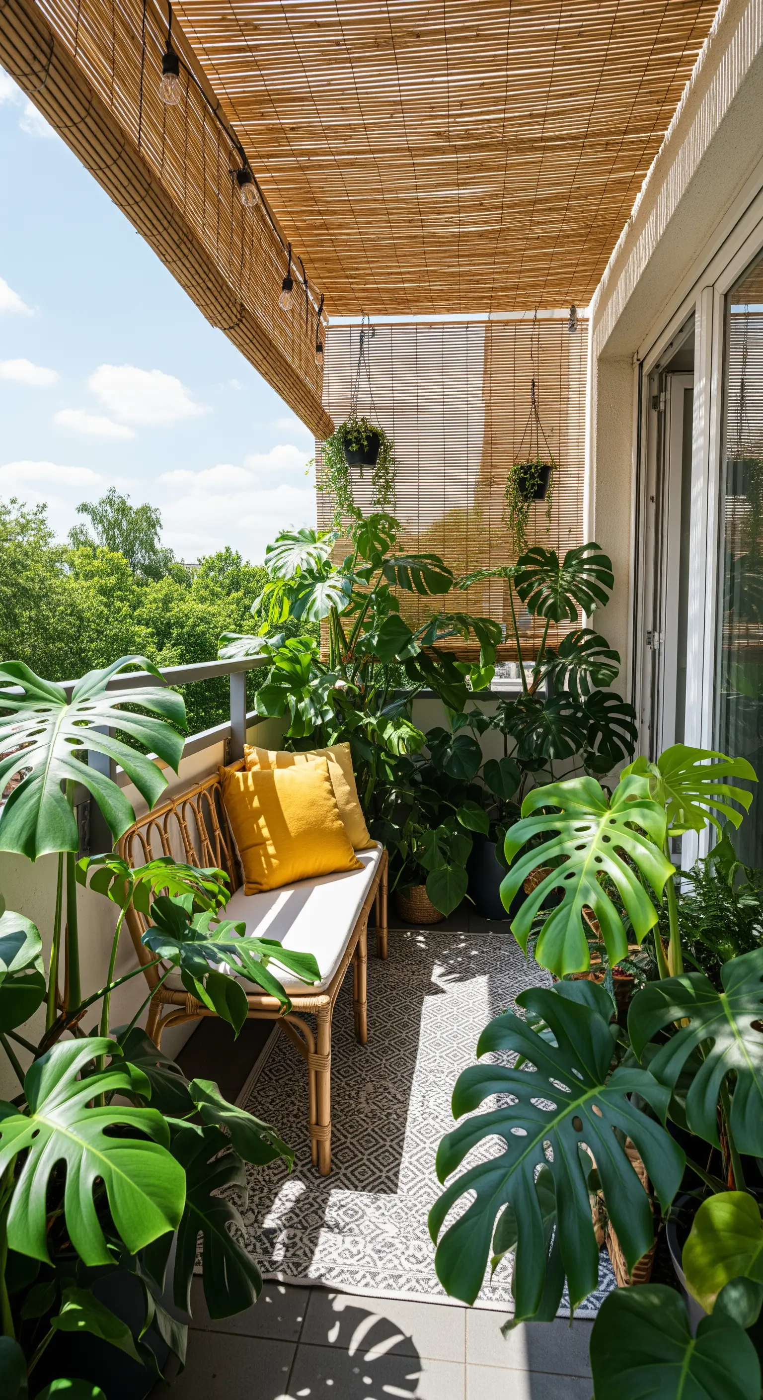 Balkon mit Bambus-Überdachung, Rattanbank und vielen grünen Pflanzen