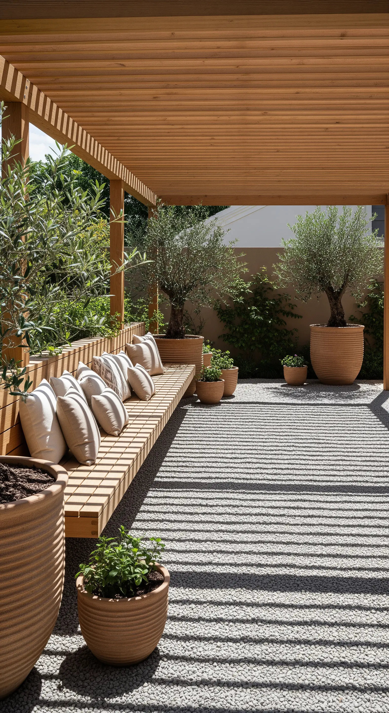 Olivenbäume in großen Rillentöpfen unter Lamellendach