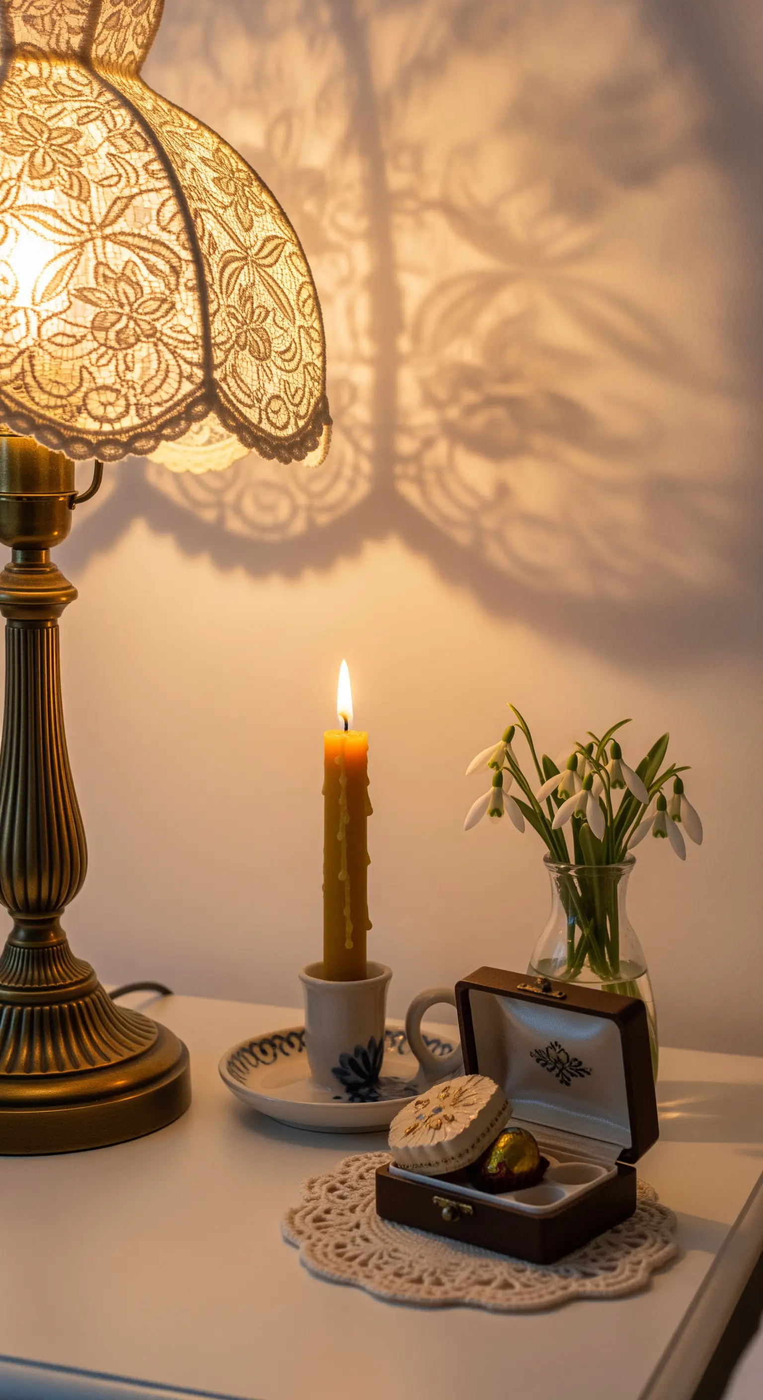 Vintage-Lampe mit Spitzenschirm wirft Muster an die Wand