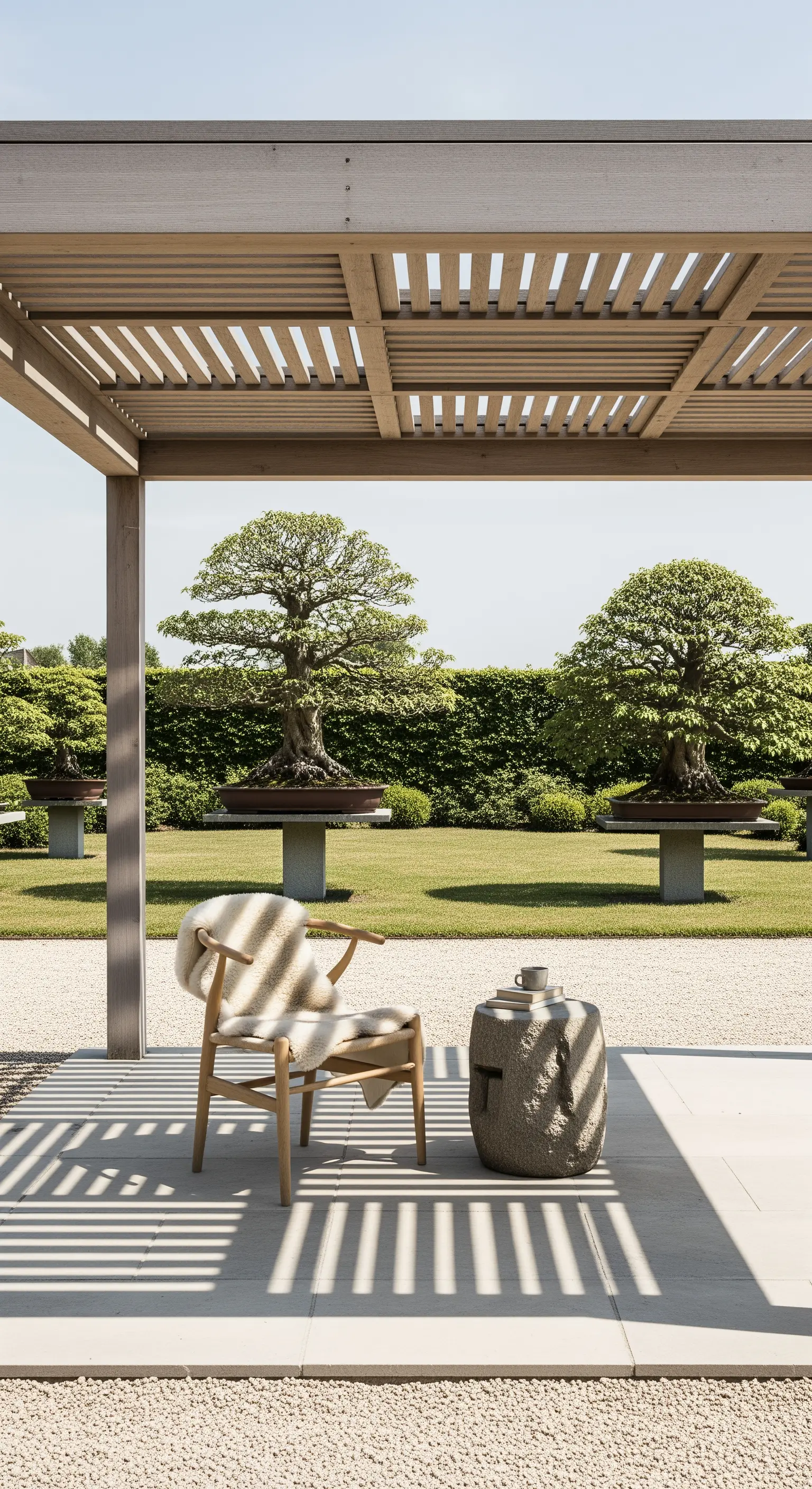 Sessel mit Schaffell unter Lamellen-Pergola