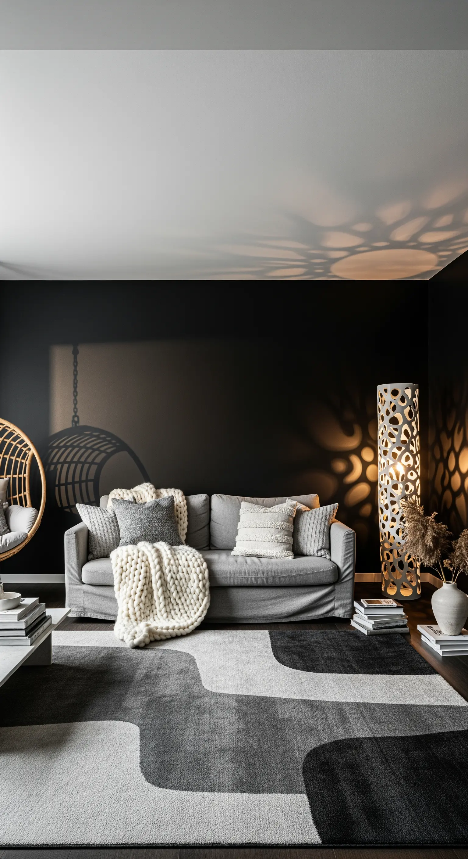 Stehlampe mit Lochmuster wirft Schatten an dunkle Wand