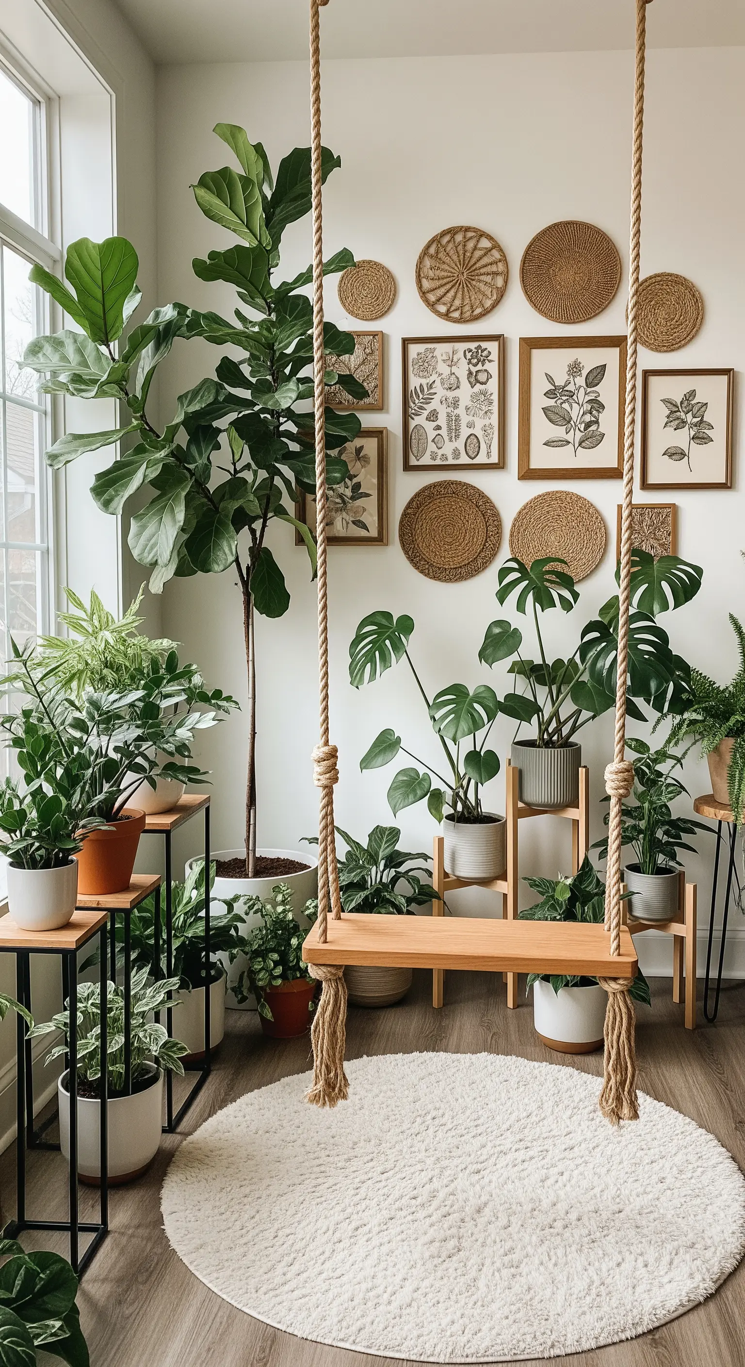 Holzschaukel im Zimmer umgeben von Pflanzen und botanischen Bildern