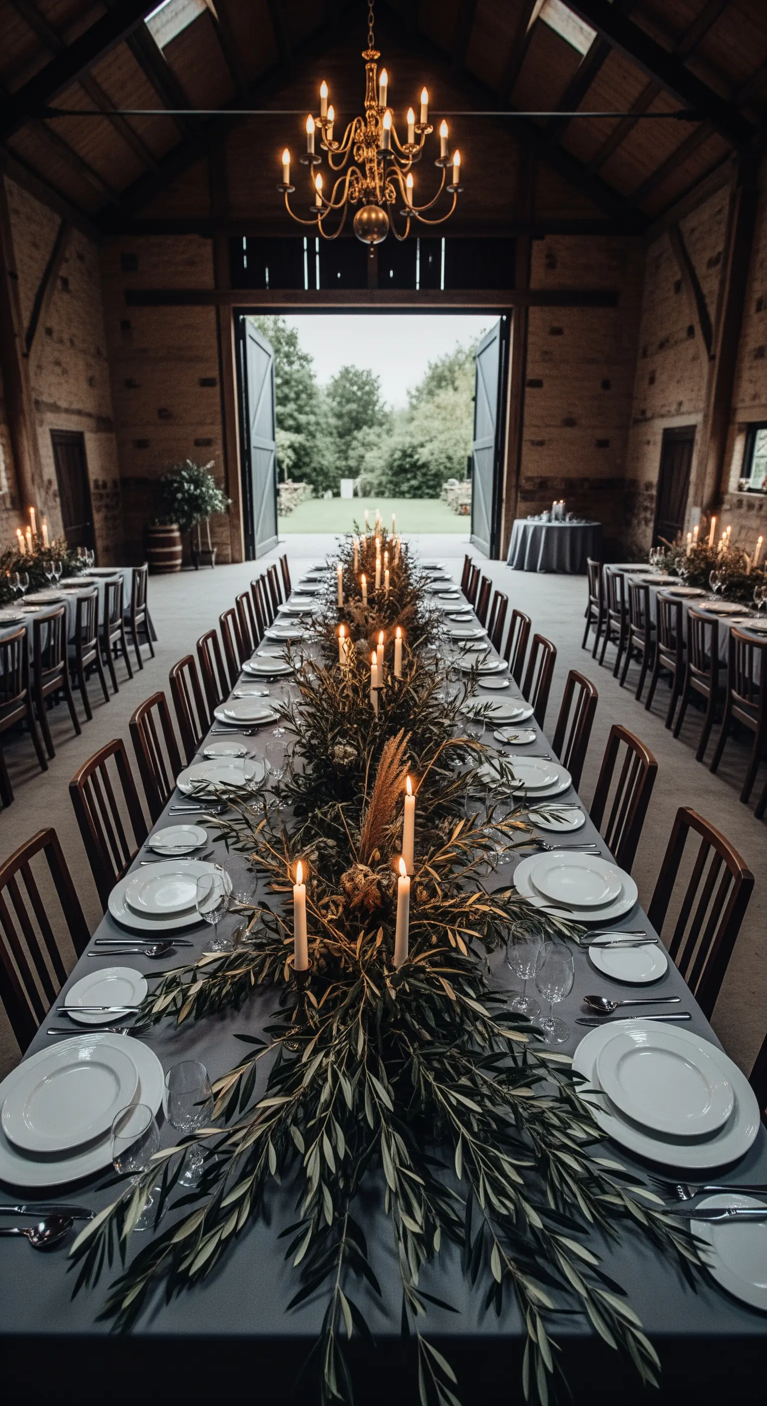 Lange Tafel in Scheune mit goldenem Kronleuchter und Kerzen