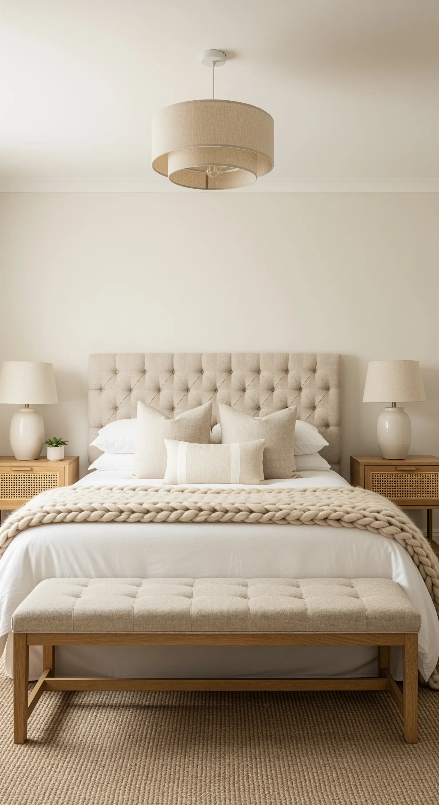 Helles Bett mit gestrickter Decke und gepolstertem Kopfteil