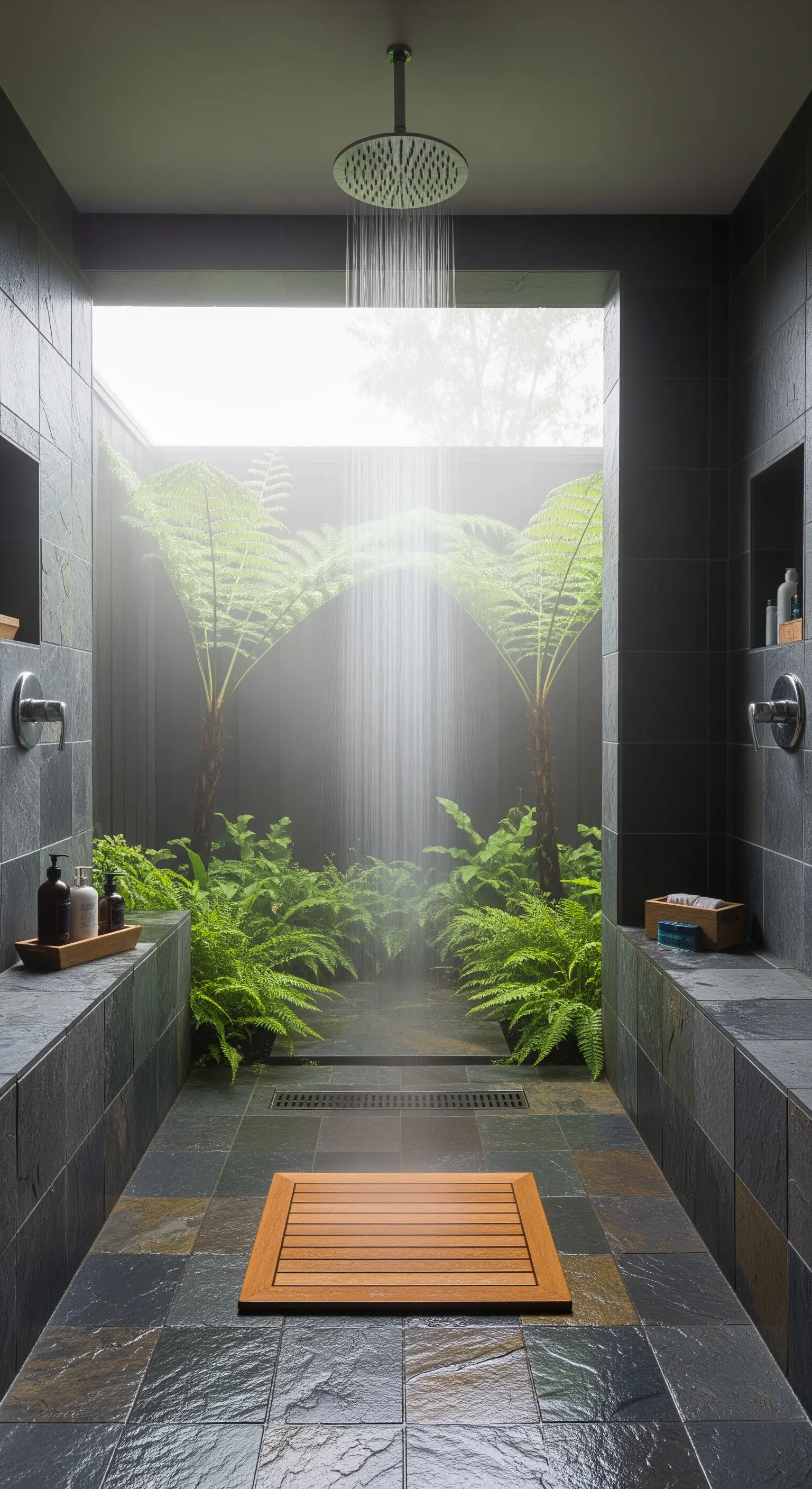 Dunkles Schieferbad mit riesigen Farnen und zentraler Dusche