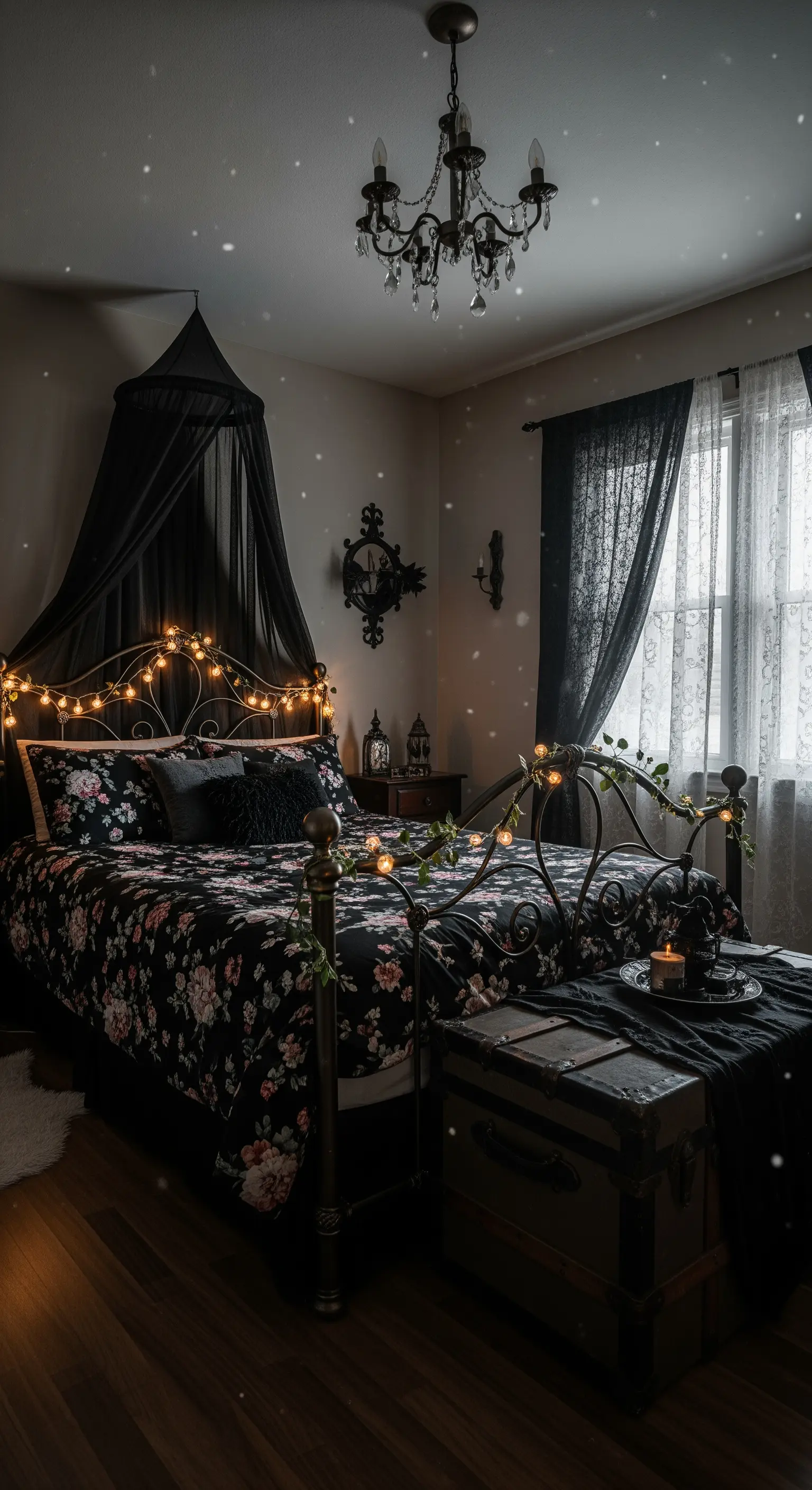 Schwarzes Himmelbett mit Lichterketten und Blumentextilien