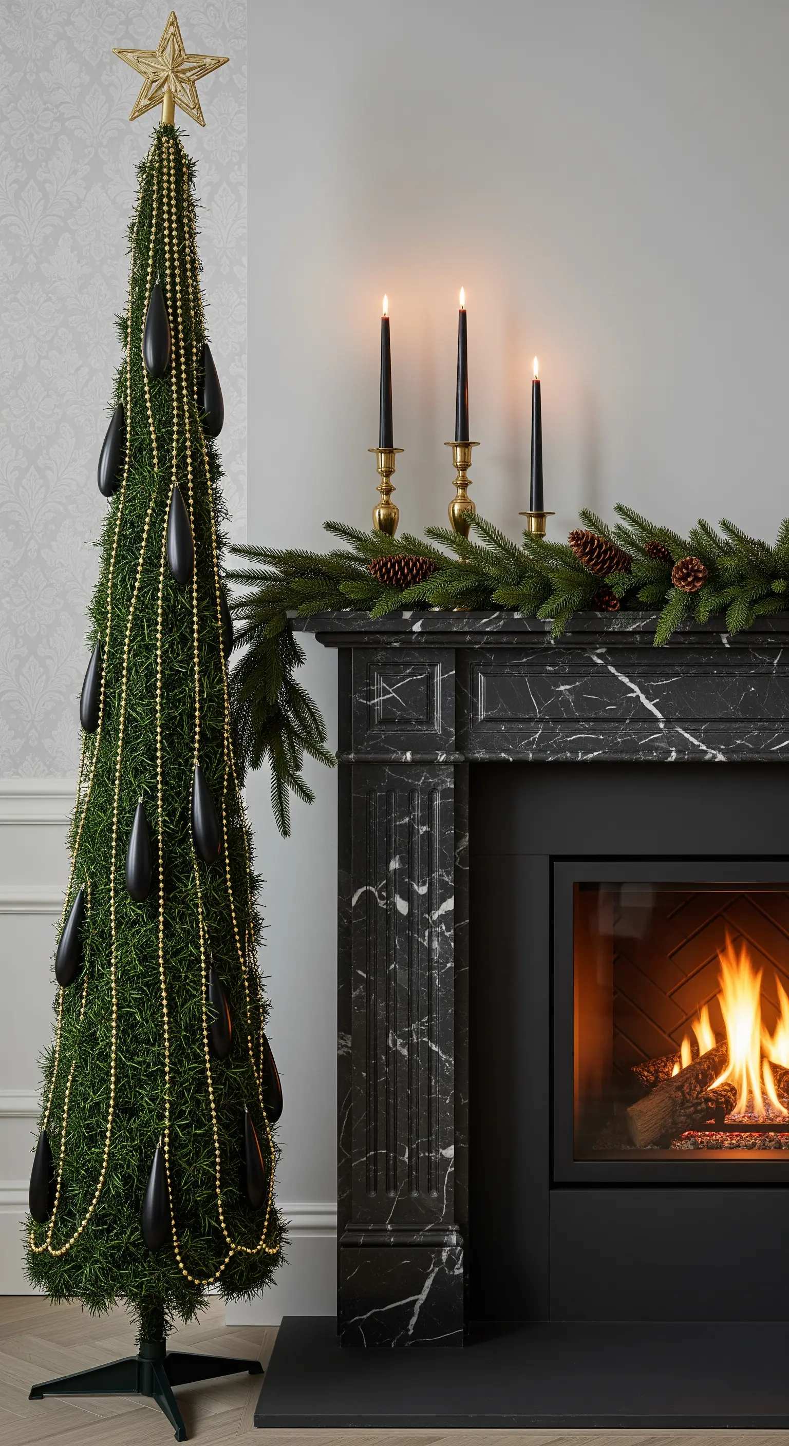 Sehr schmaler, hoher Weihnachtsbaum mit länglichen schwarzen Anhängern