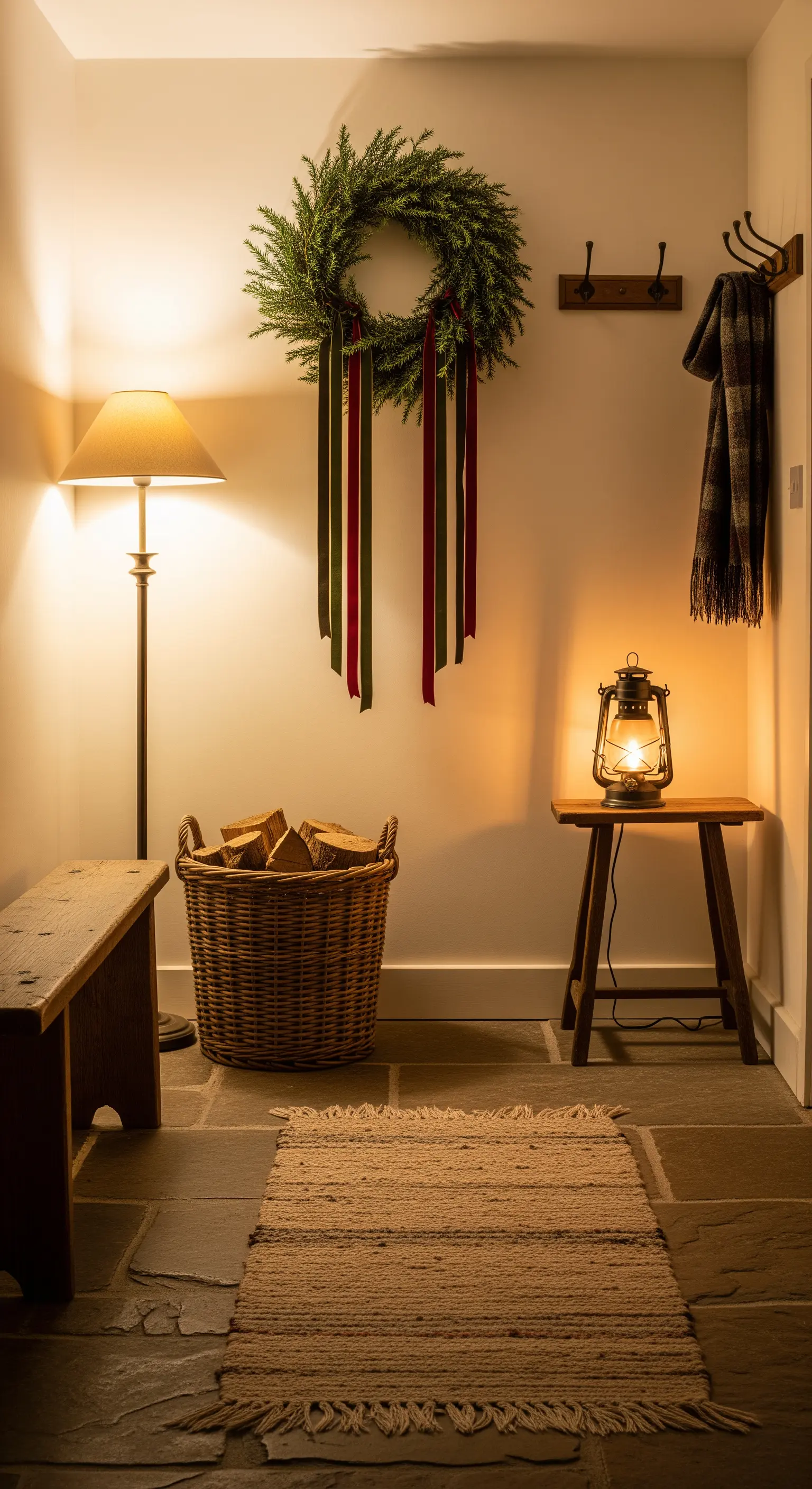 Kiefernkranz mit langen Bändern an Garderobenhaken