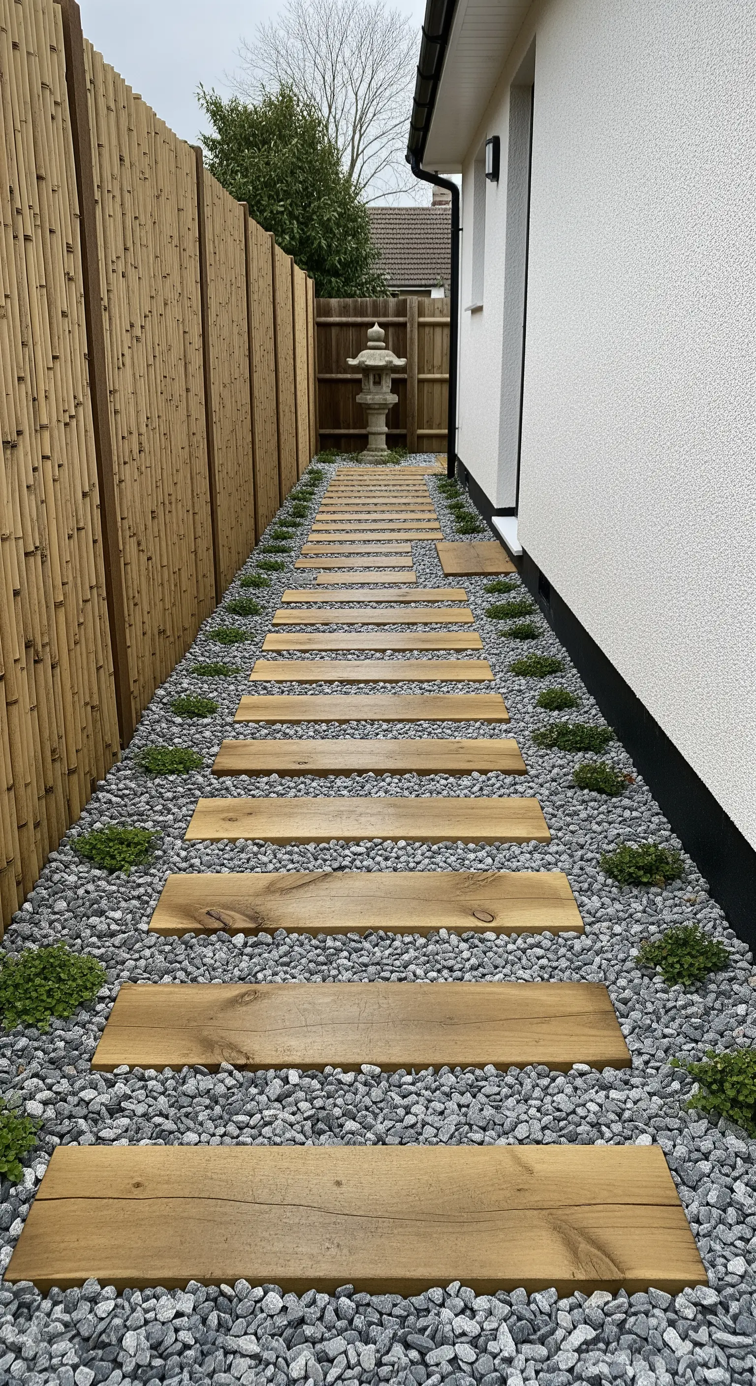 Schmaler Gartenweg aus Holzbohlen zwischen Bambuszaun und Hauswand