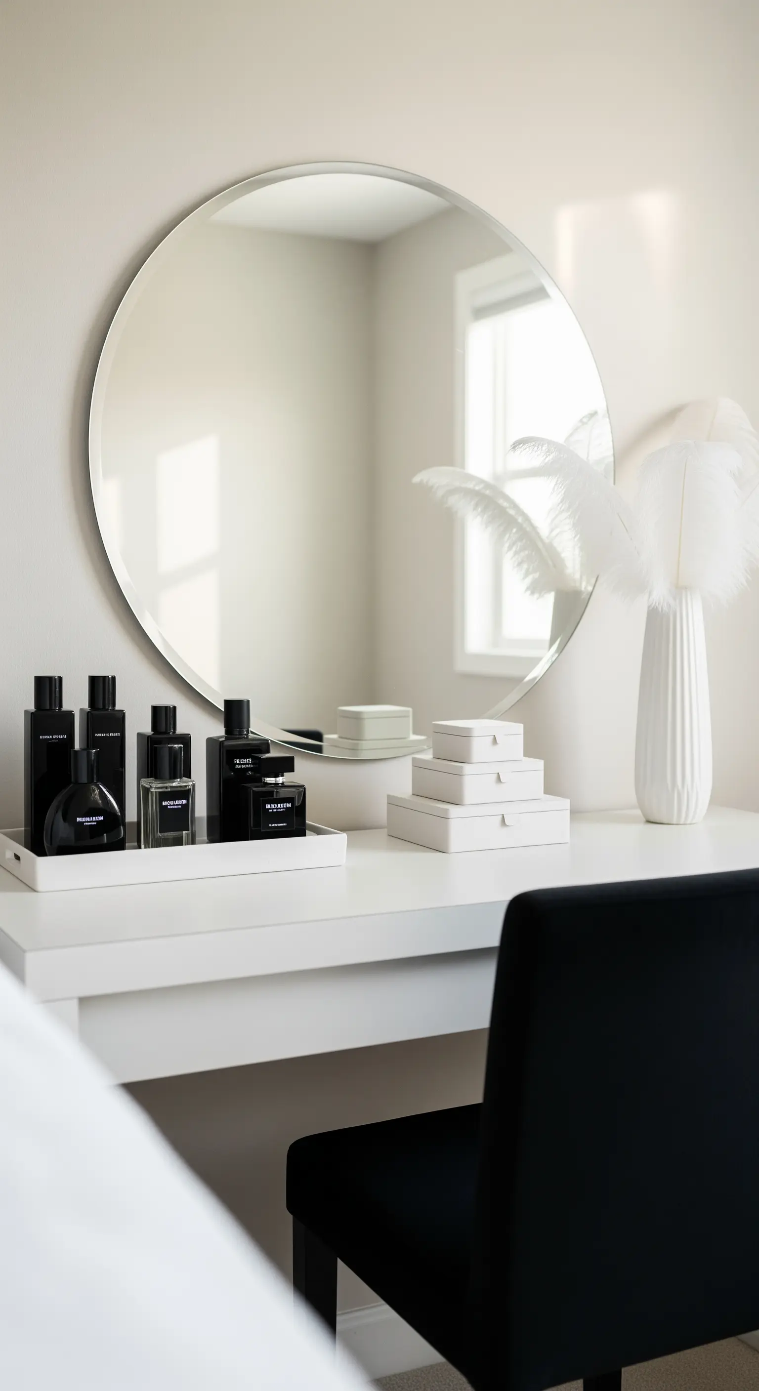 Weißer Schminktisch mit rundem Spiegel, weißen Federn und schwarzen Parfumflaschen