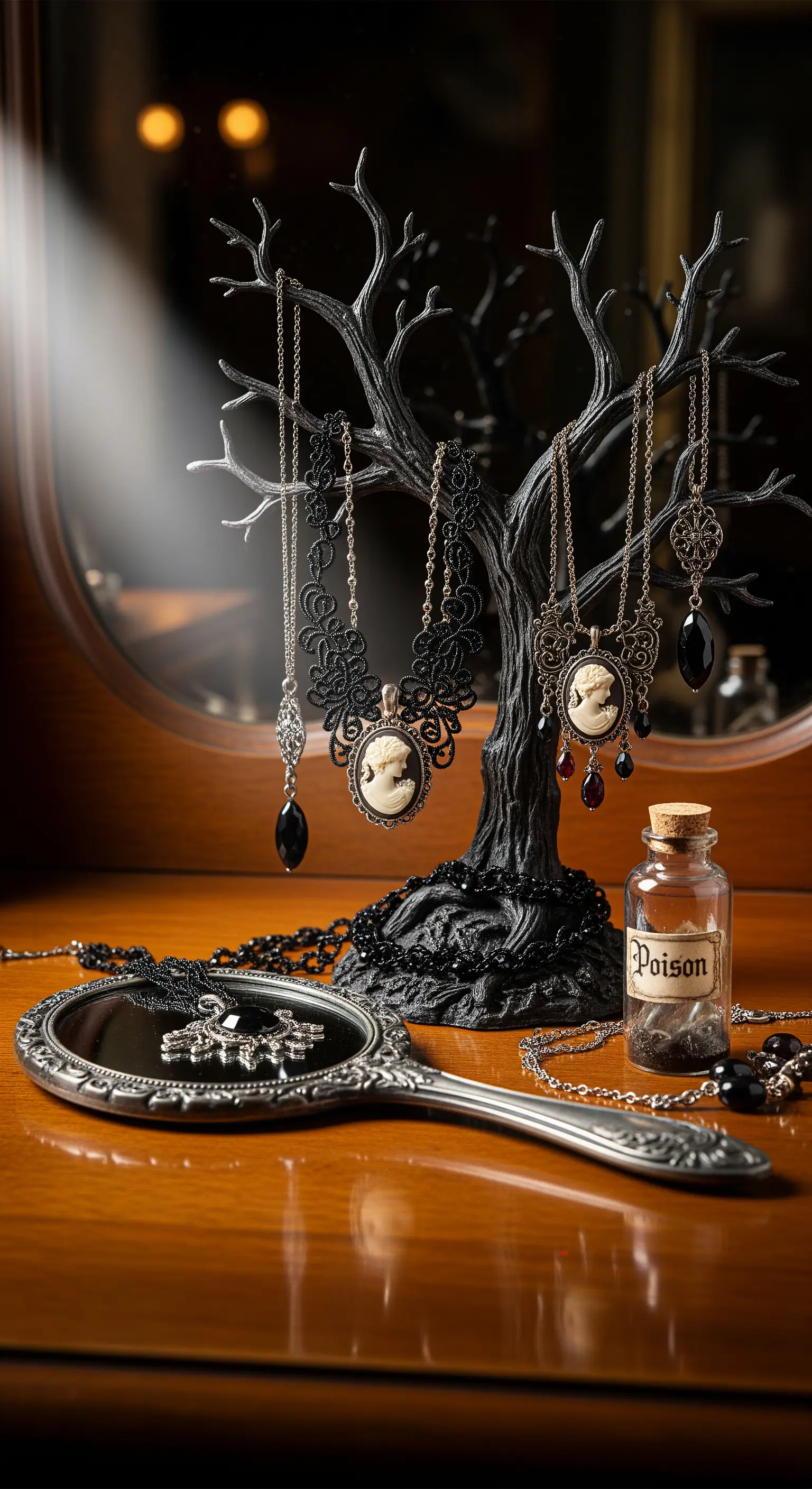 Schmuckbaum mit Kameen und Giftflasche