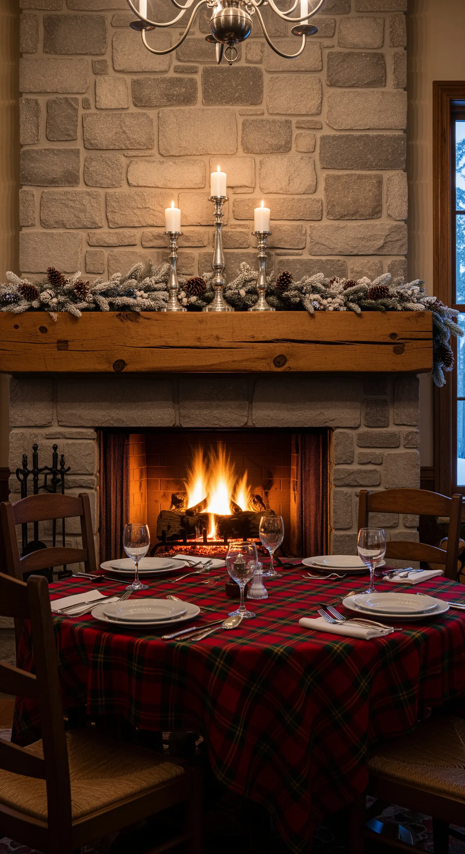 Gedeckter Tisch mit karierter Tischdecke vor Kamin