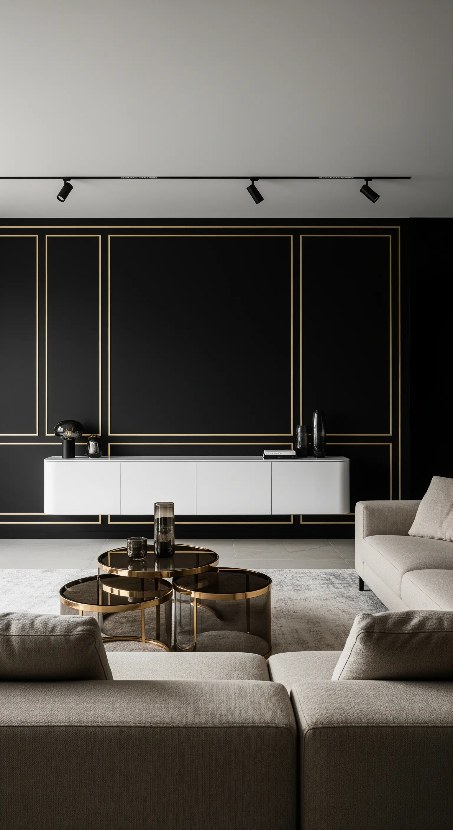 Schwarze Wand mit goldenen Leisten und weißem Sideboard