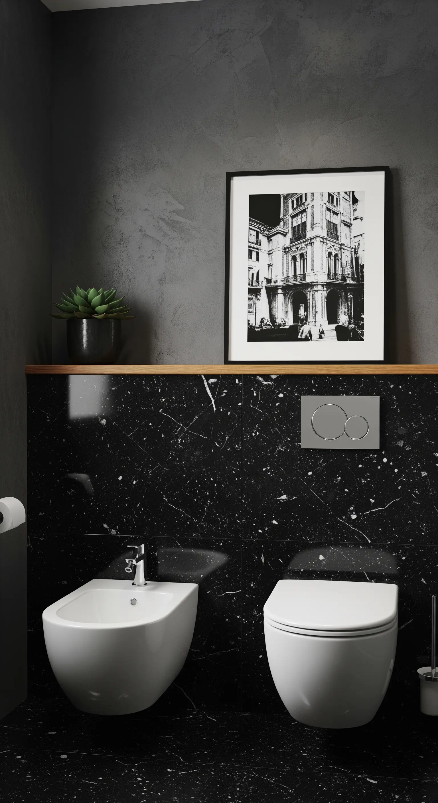 WC-Bereich mit schwarz-weiß Architekturfoto und Marmorfliesen