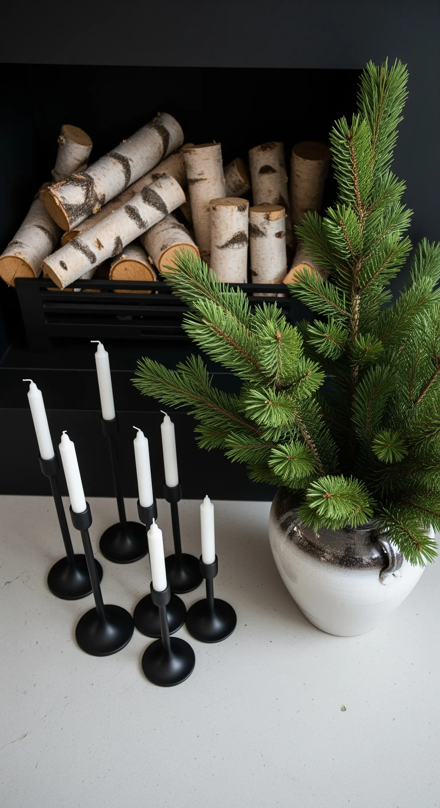 Schwarze Kerzenhalter und Birkenholz