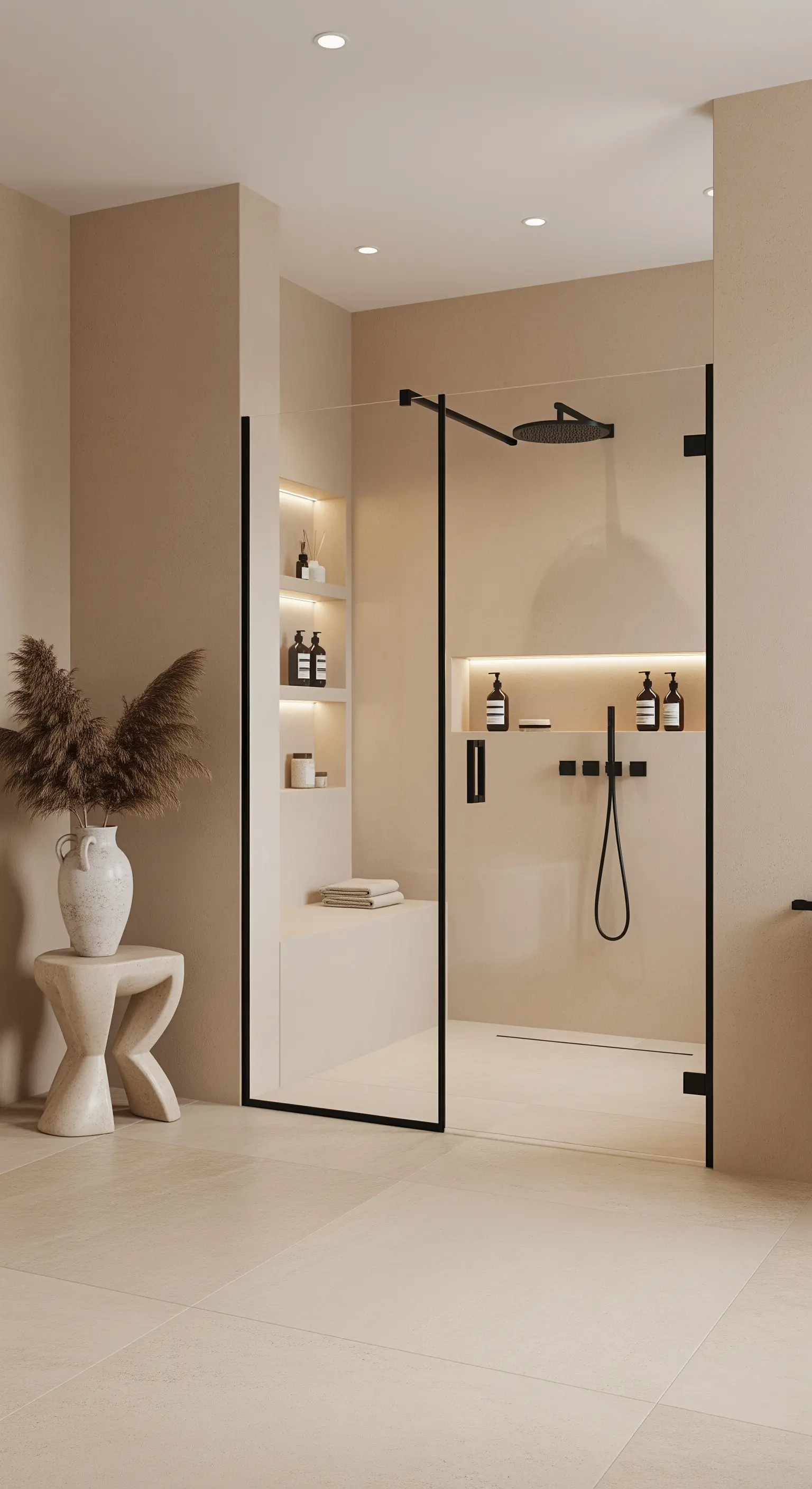 Beiges Badezimmer mit schwarzer Duschabtrennung und Armaturen