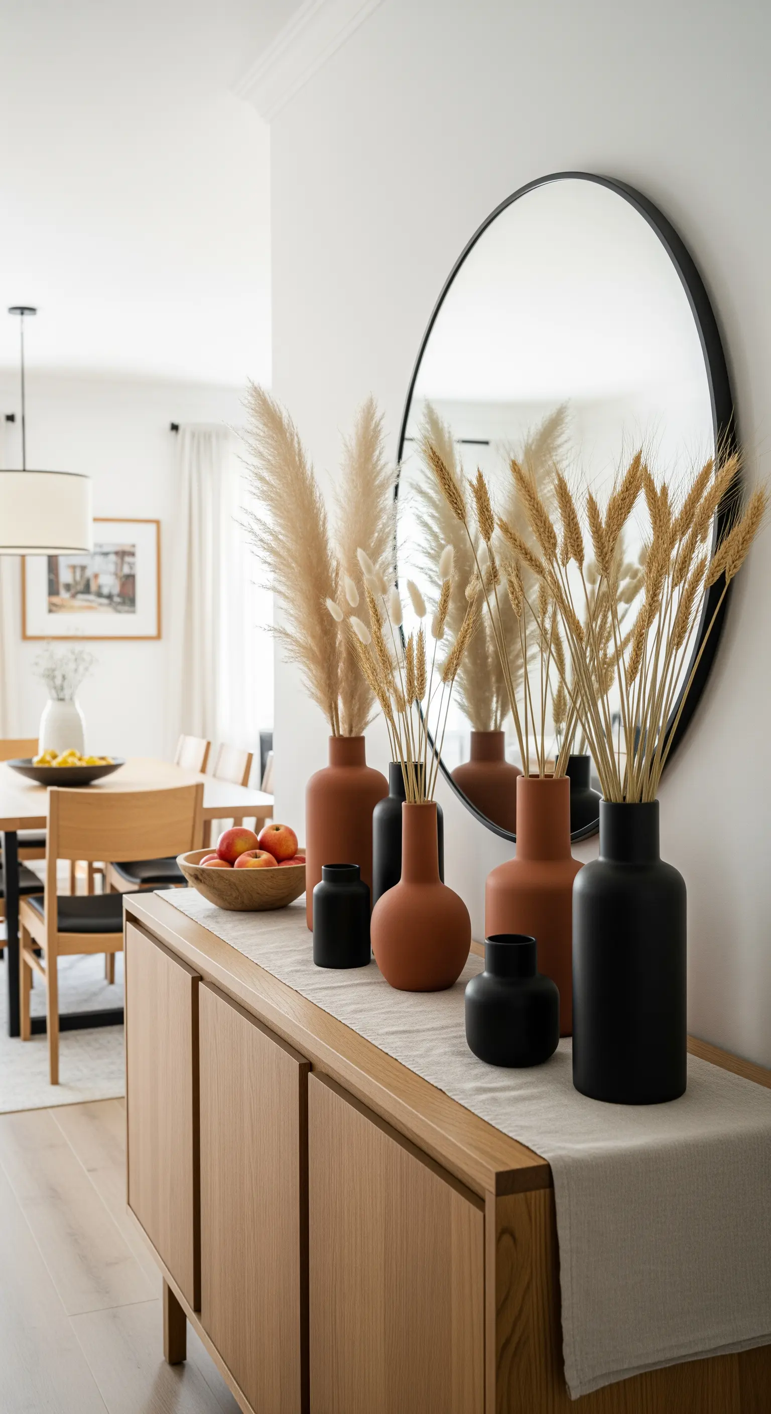 Schwarze Vasen auf Holzkommode
