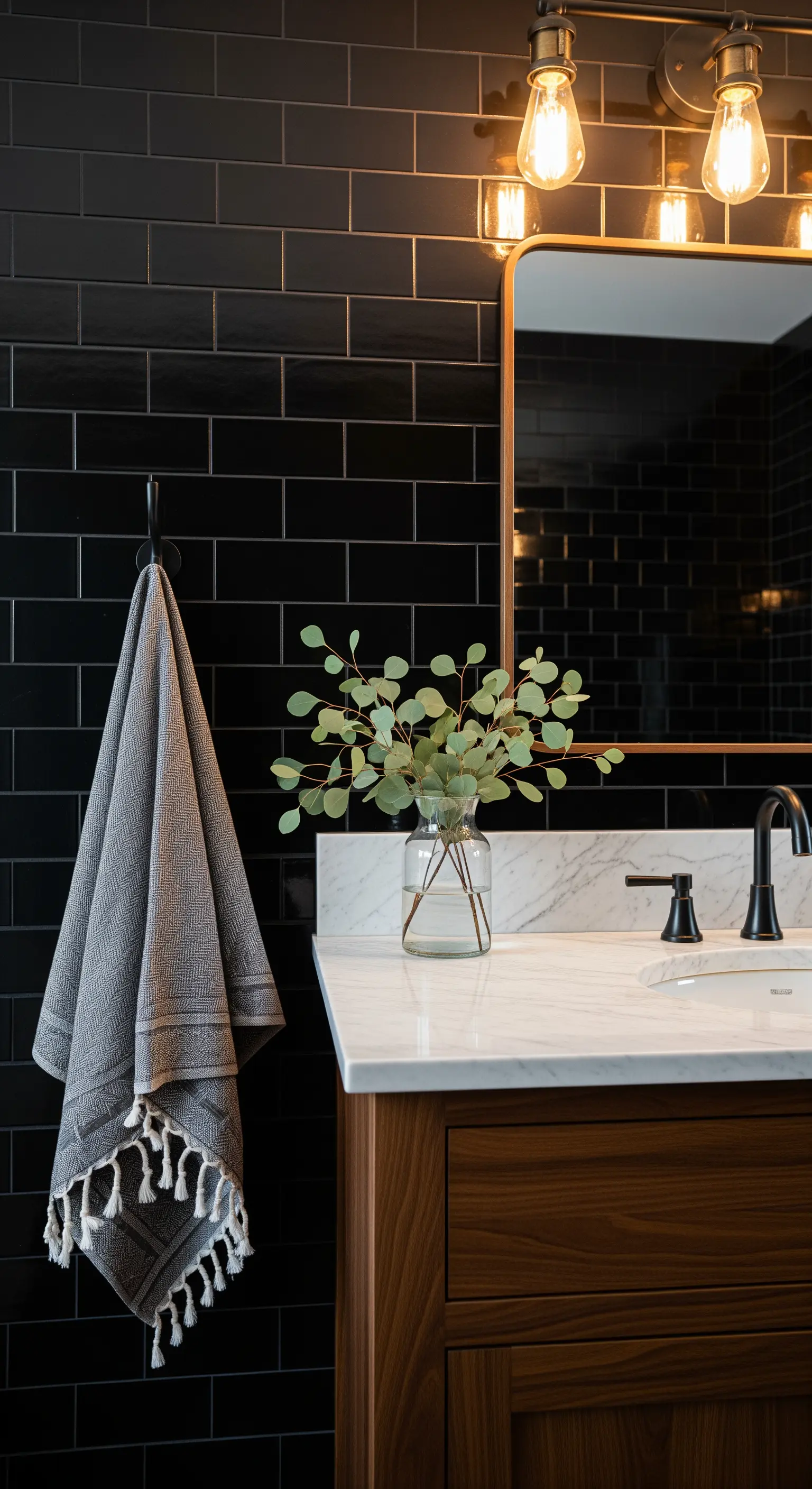 Badezimmer mit schwarzen Fliesen und Holzwaschtisch