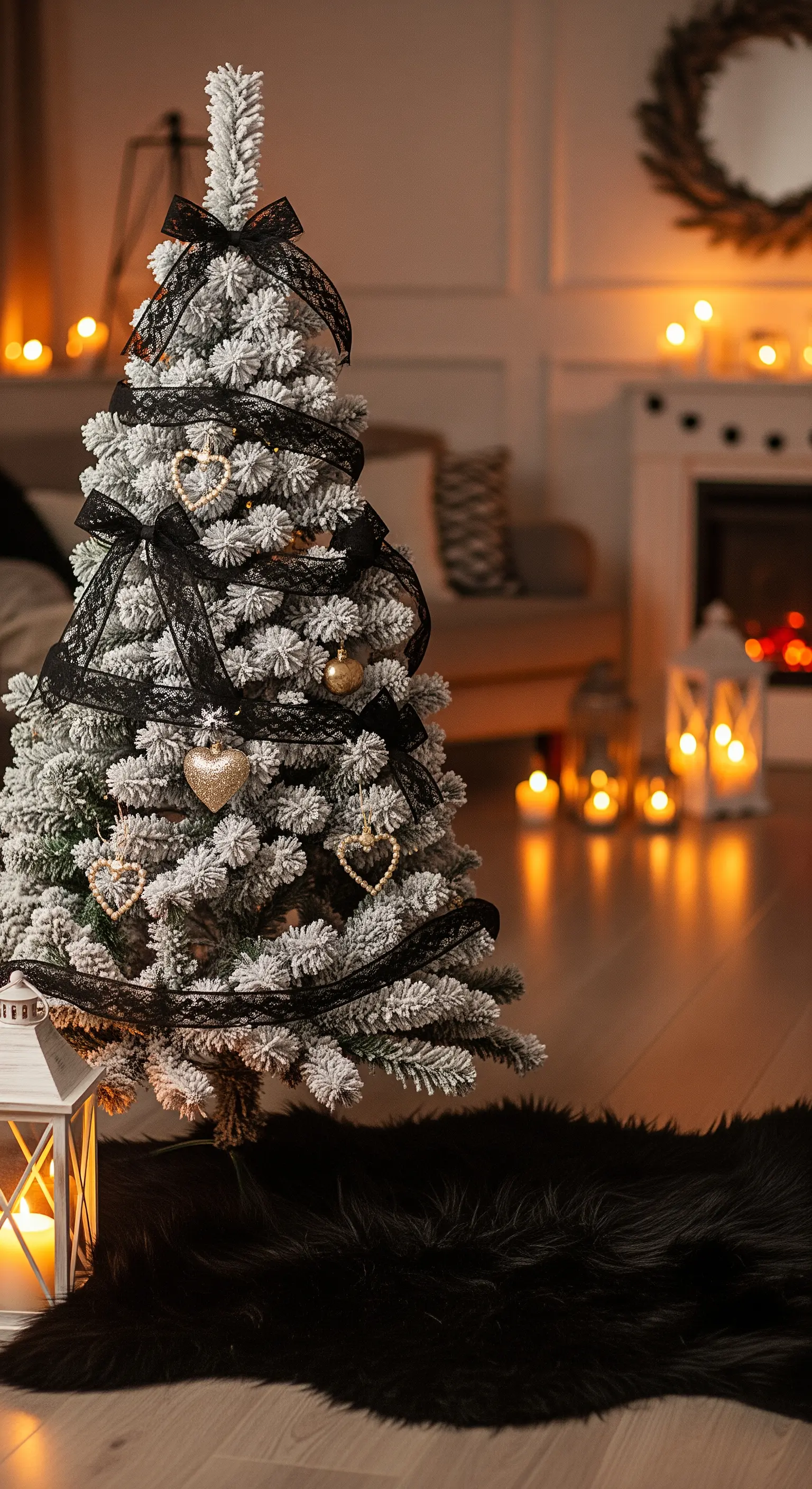 Weißer Baum mit schwarzer Spitze und Herzanhängern