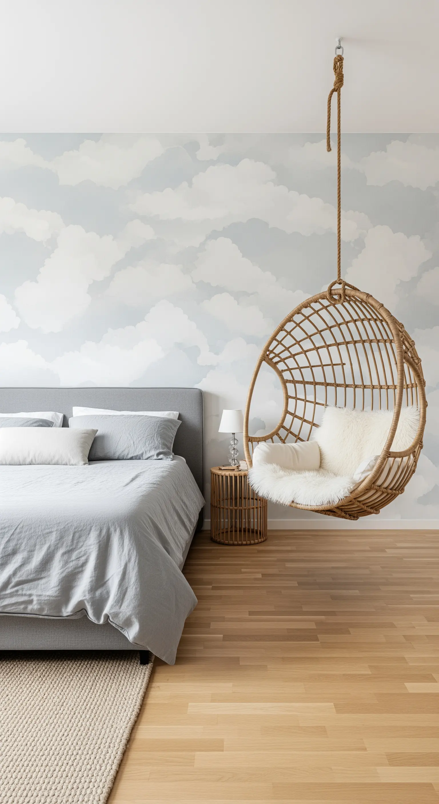Schlafzimmer mit Wolkentapete und hängendem Korbsessel