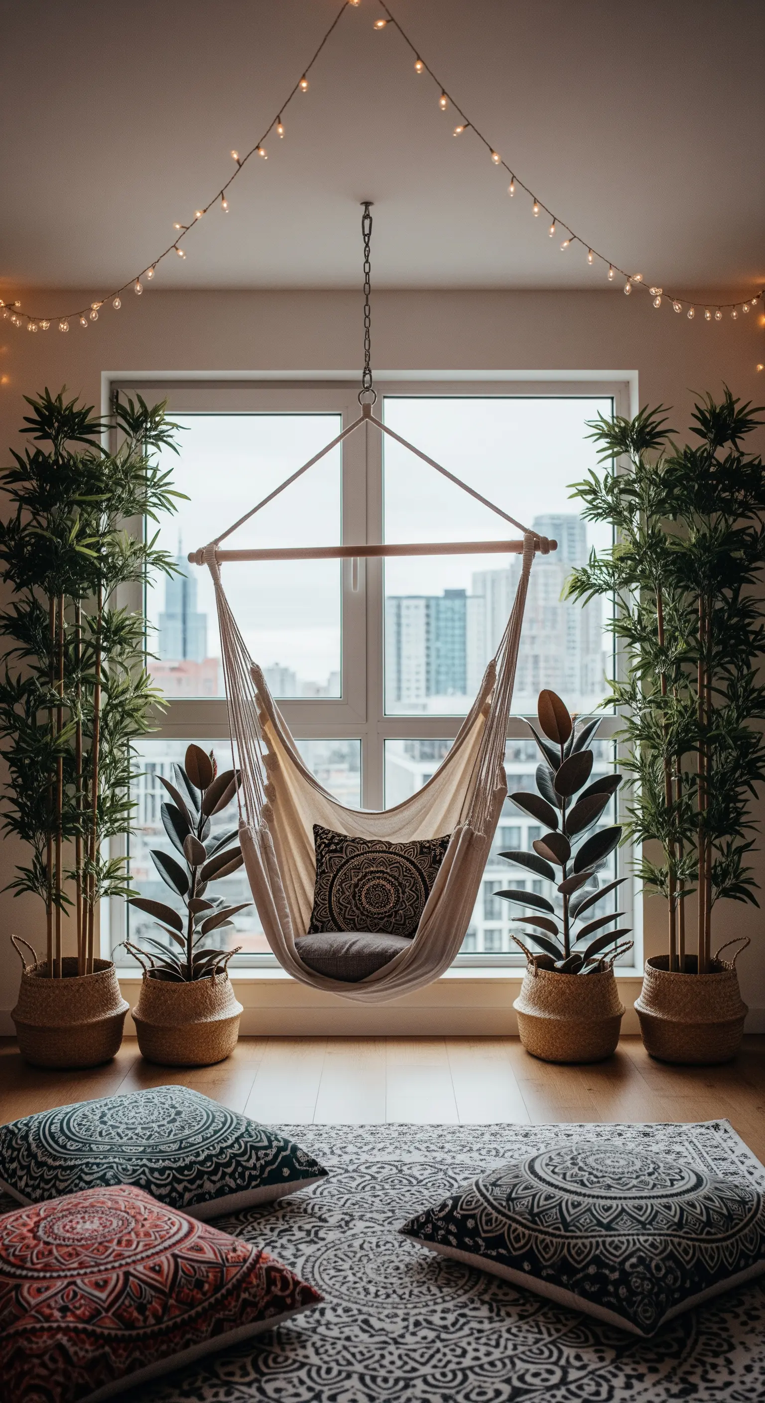 Hängesessel vor bodentiefem Fenster mit Stadtblick