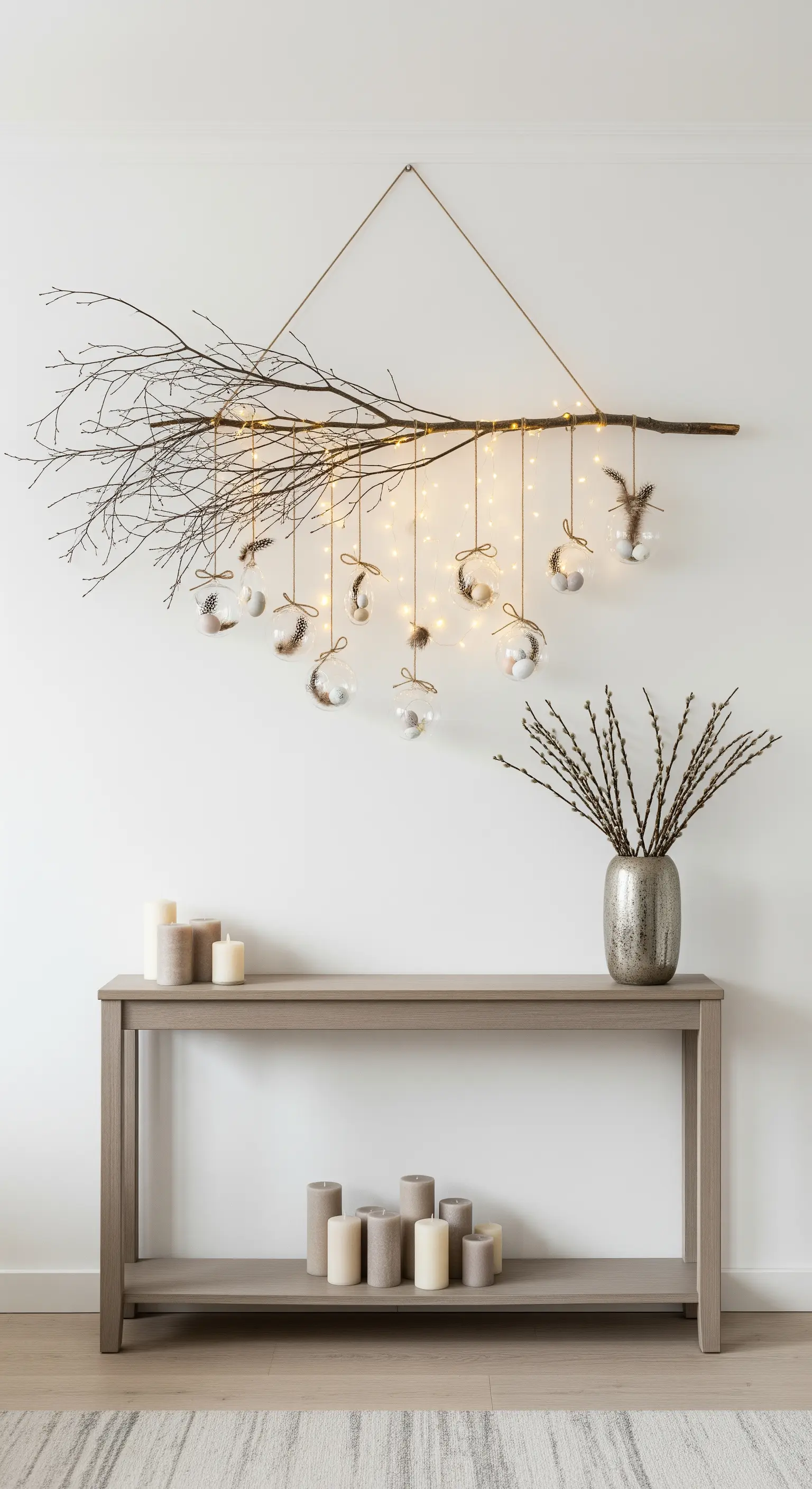 Hängender Ast mit Lichterkette und Glaskugeln