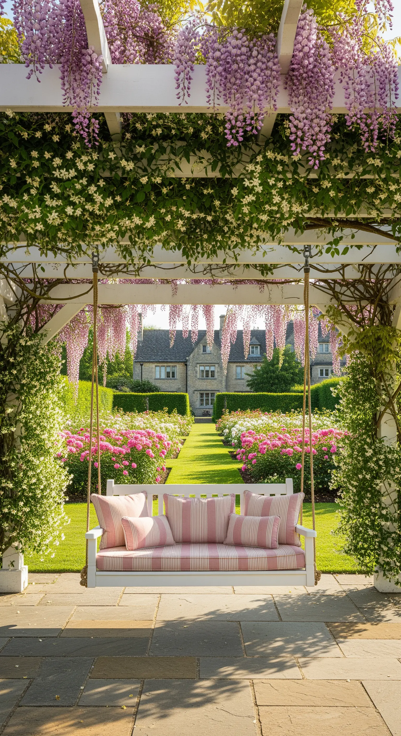 Weiße Gartenschaukel unter Glyzinien