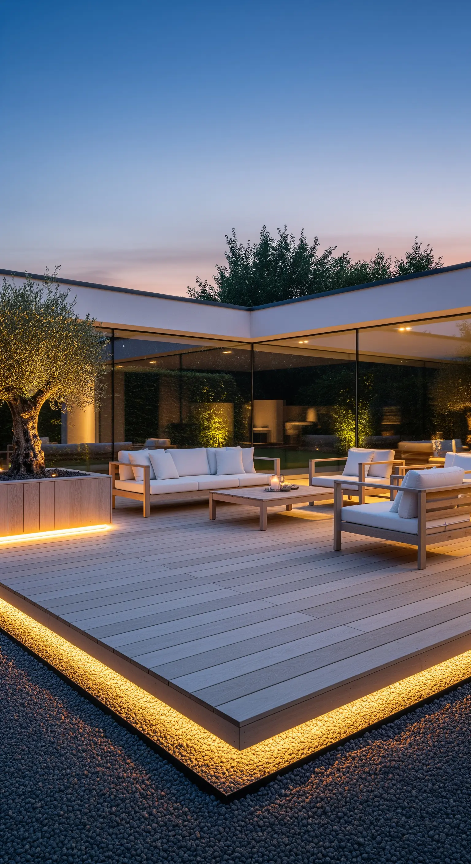 Beleuchtete Terrassenkante lässt Holzdeck über Kies schweben