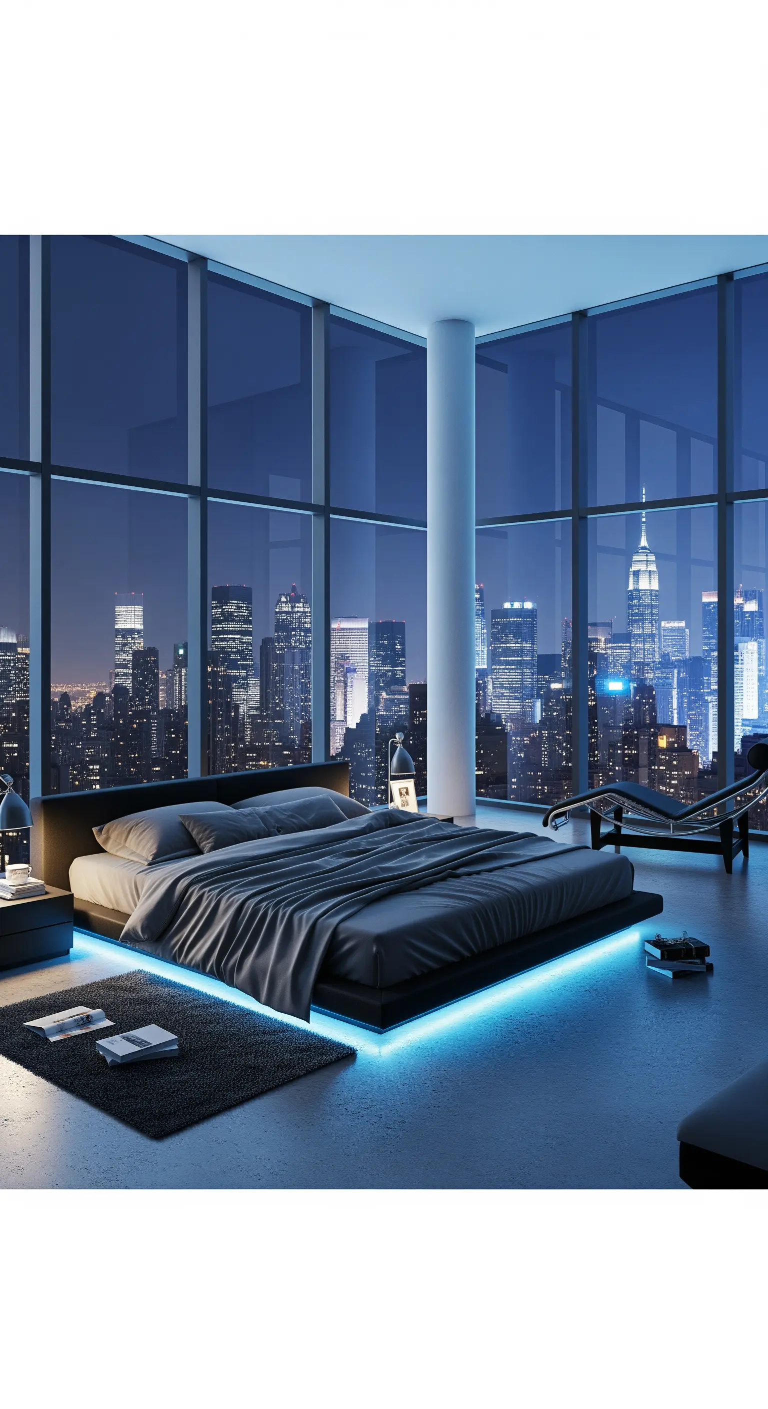 Schwebendes Bett mit blauer LED-Unterbodenbeleuchtung vor Stadtpanorama