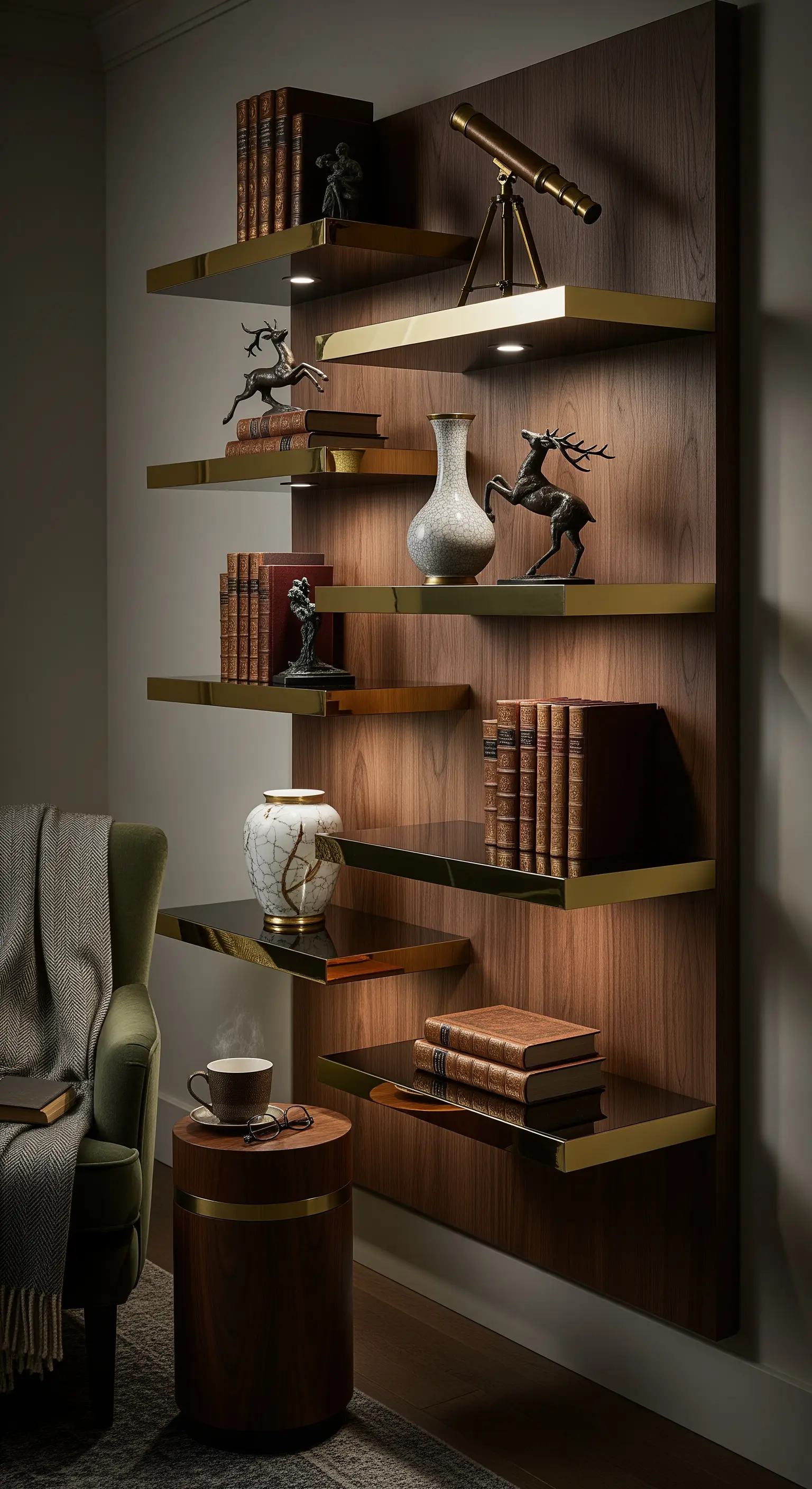 Wandregal mit Goldkanten und Dekoration