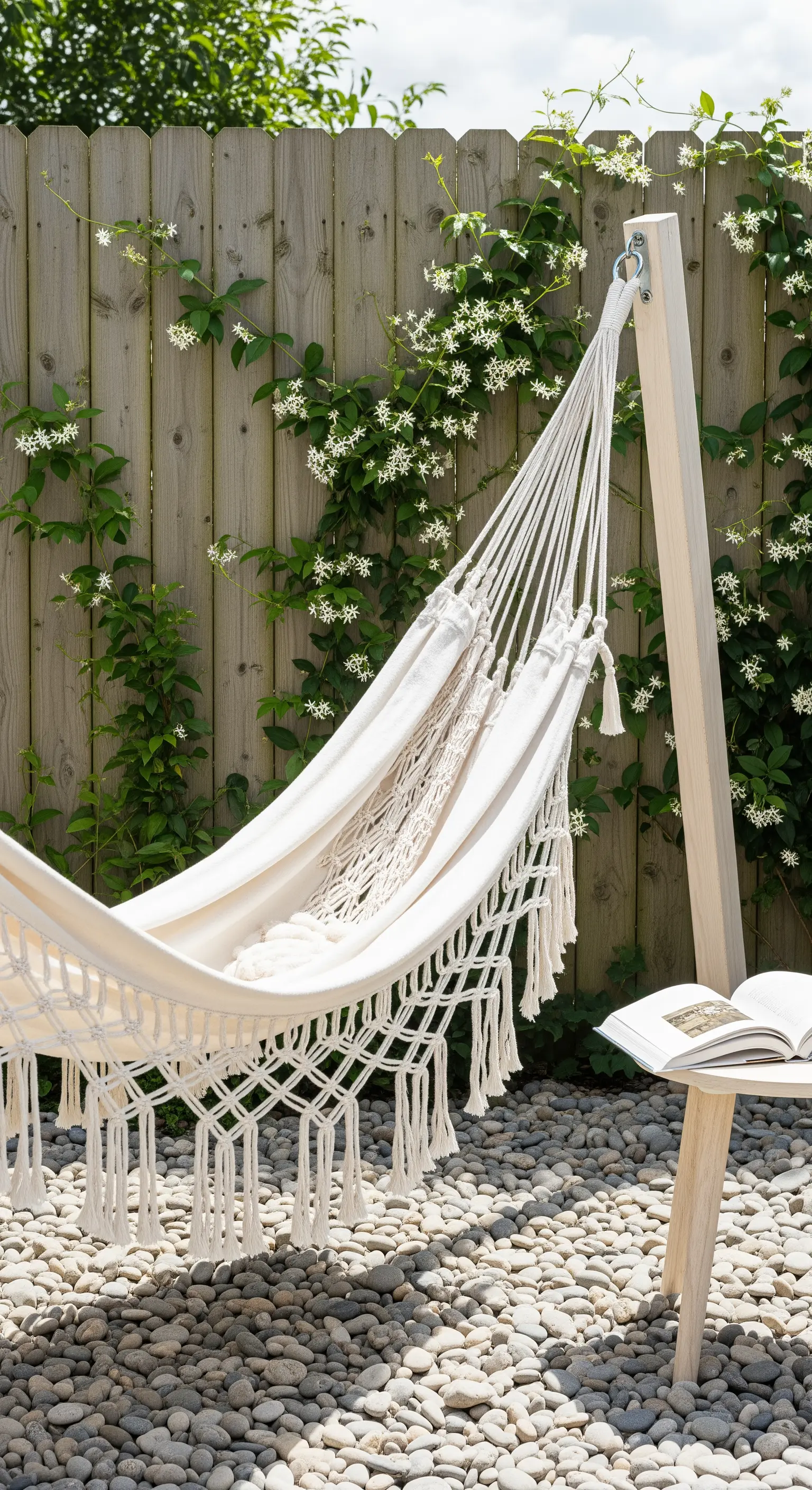 Helle Hängematte auf Holzgestell vor begrüntem Holzzaun