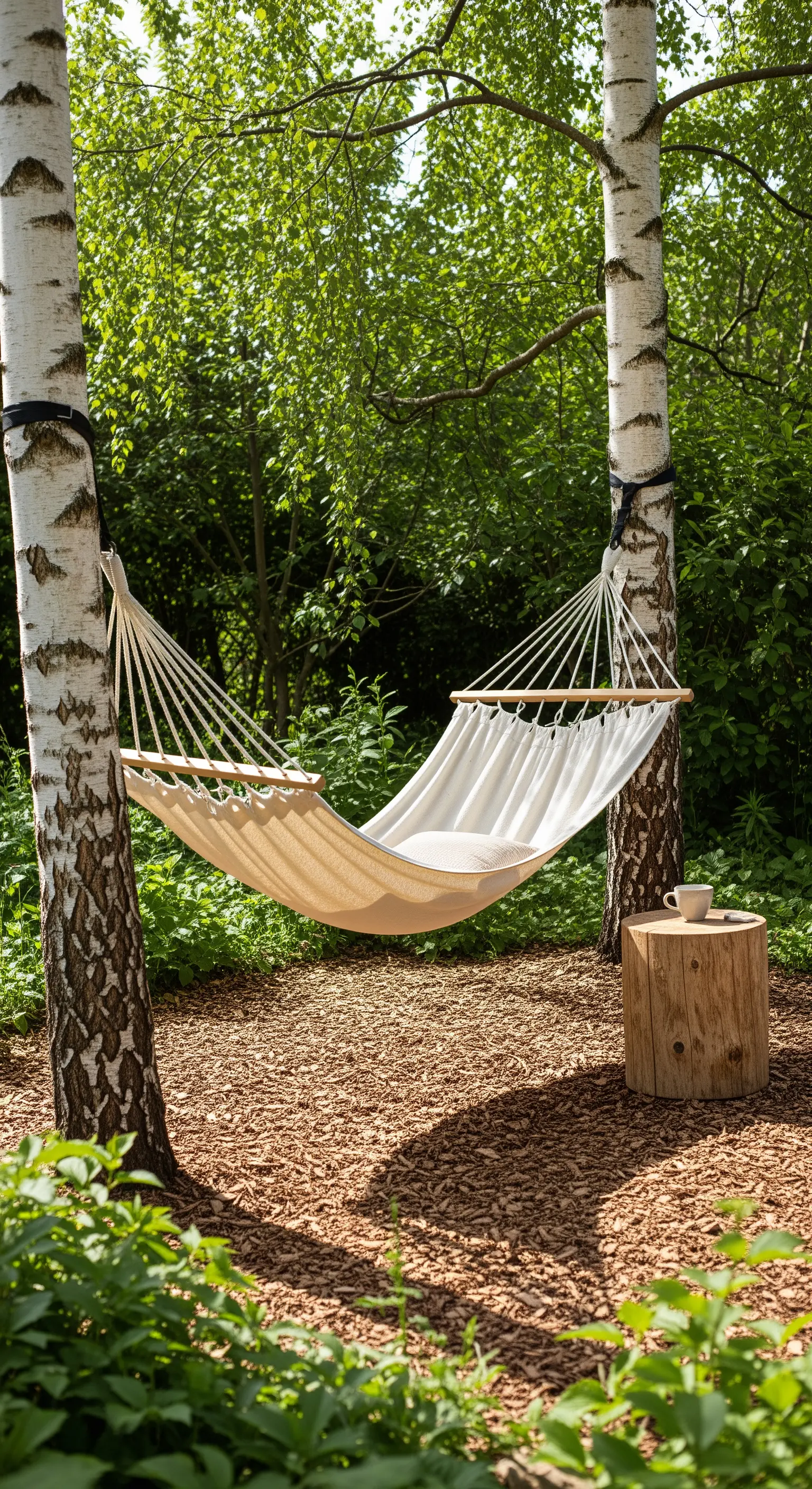 Cremefarbene Hängematte zwischen zwei Birkenbäumen