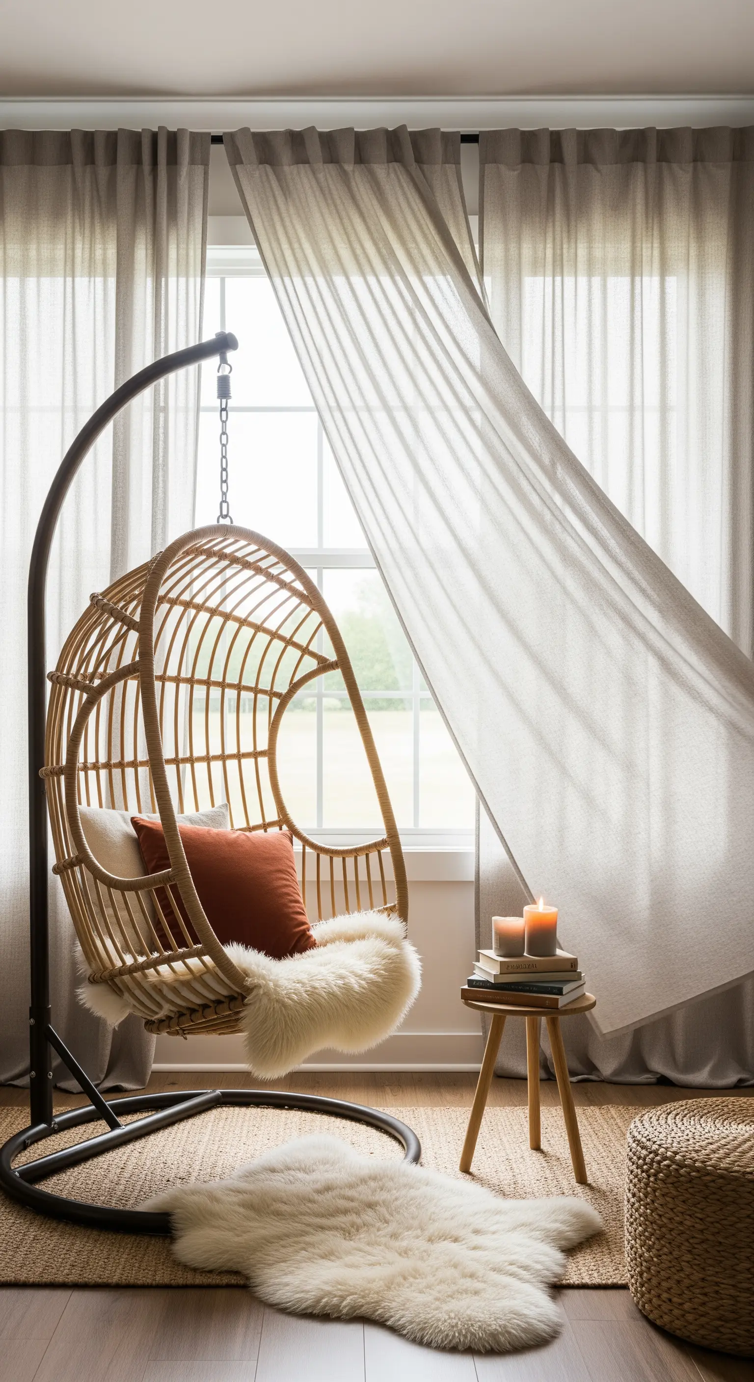 Rattan-Hängesessel vor Fenster mit Vorhängen